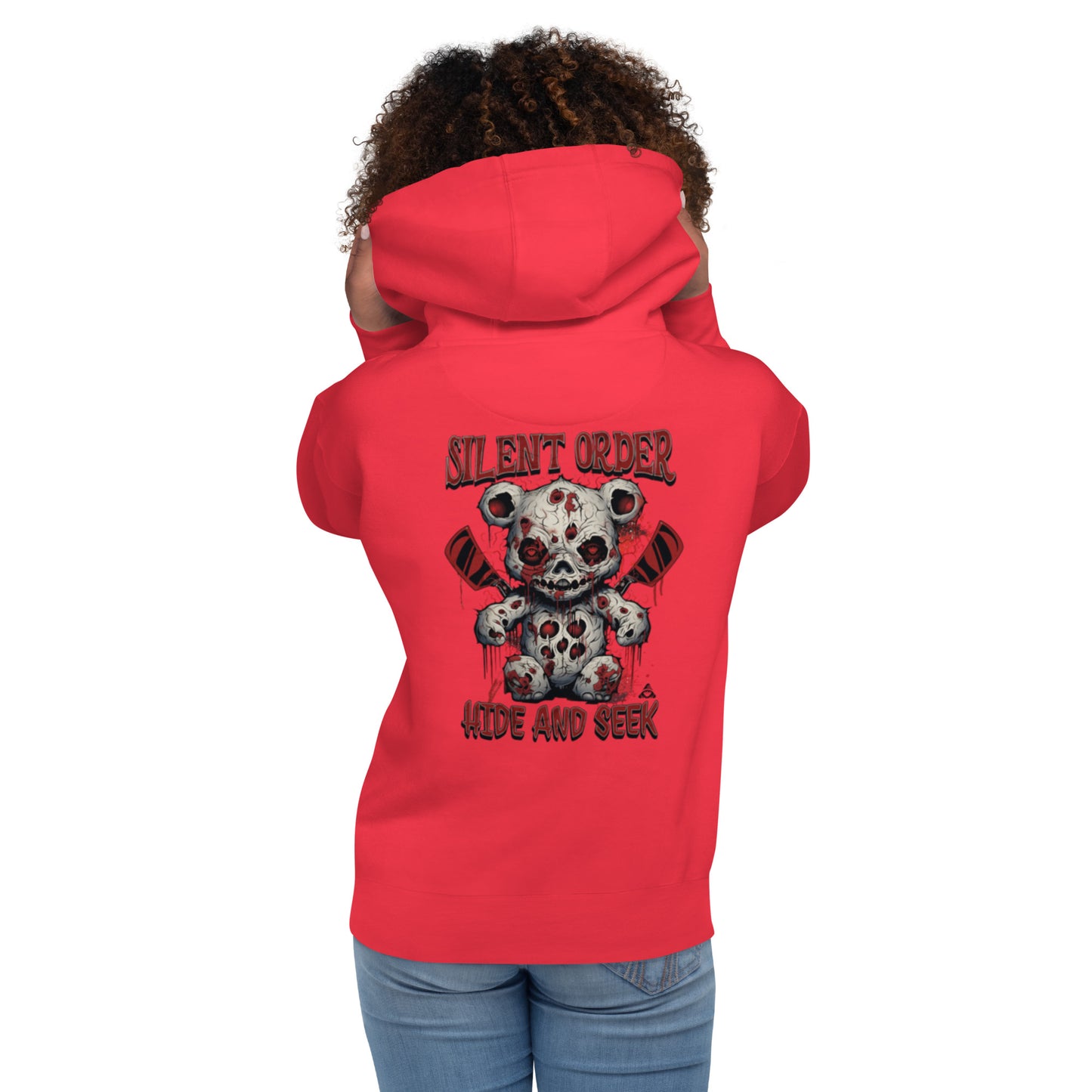 Red hoodie with a graphic design on the back, worn by a person.