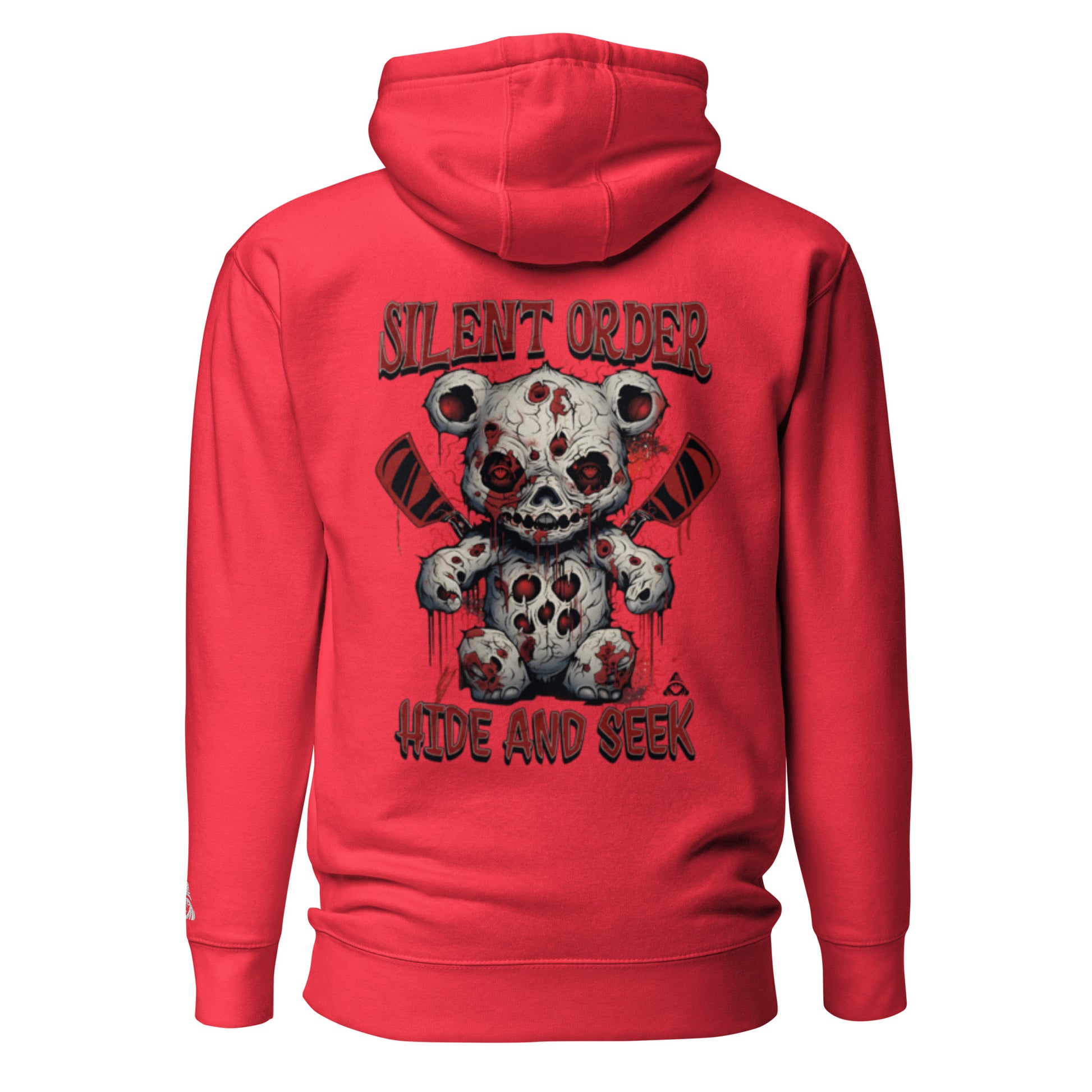 Red hoodie with a graphic design of a zombie bear and text on the back, on a white background.