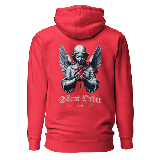 Red hoodie with an angel graphic and 'Silent Order' text on the back, on a white background