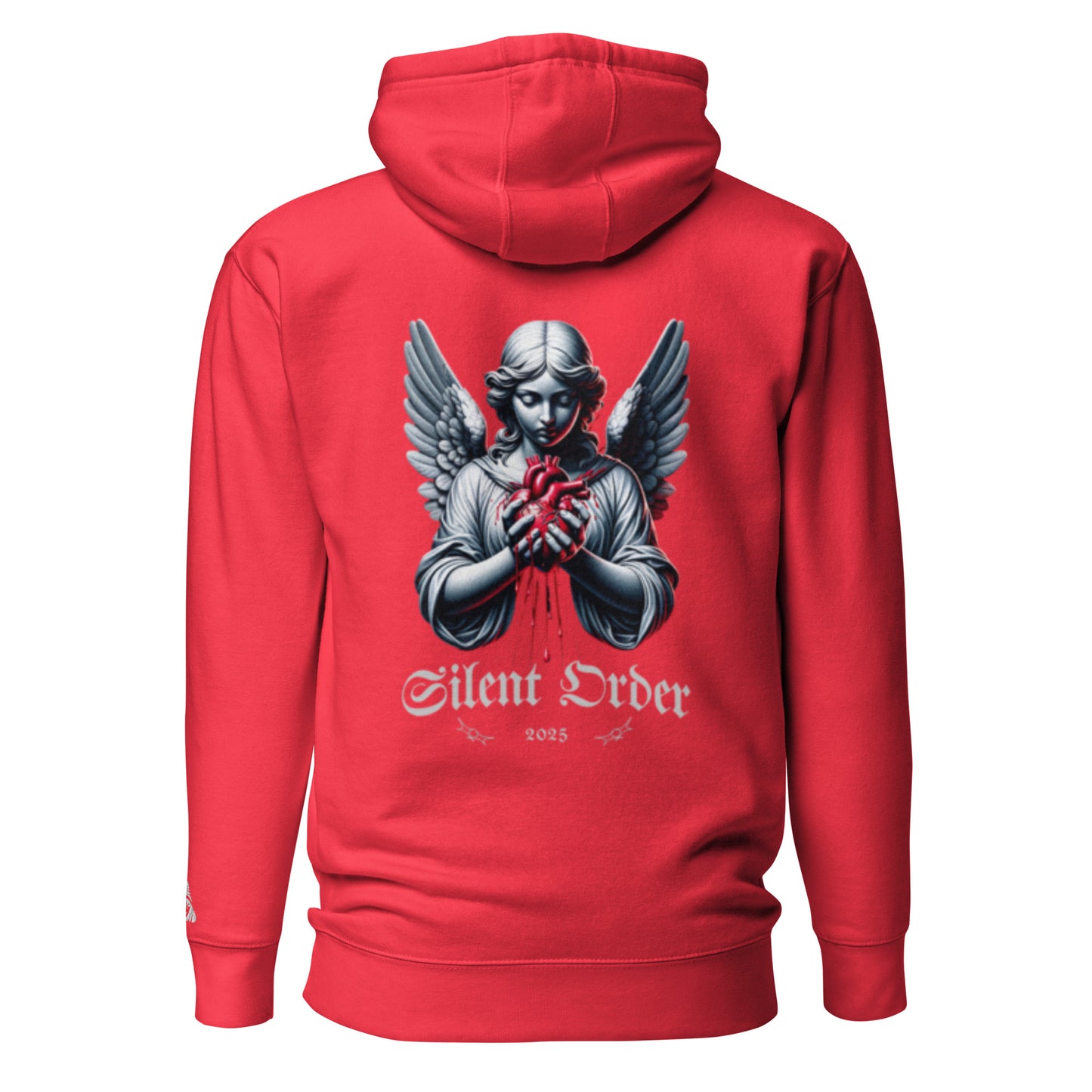 Red hoodie with an angel graphic and 'Silent Order' text on the back, on a white background