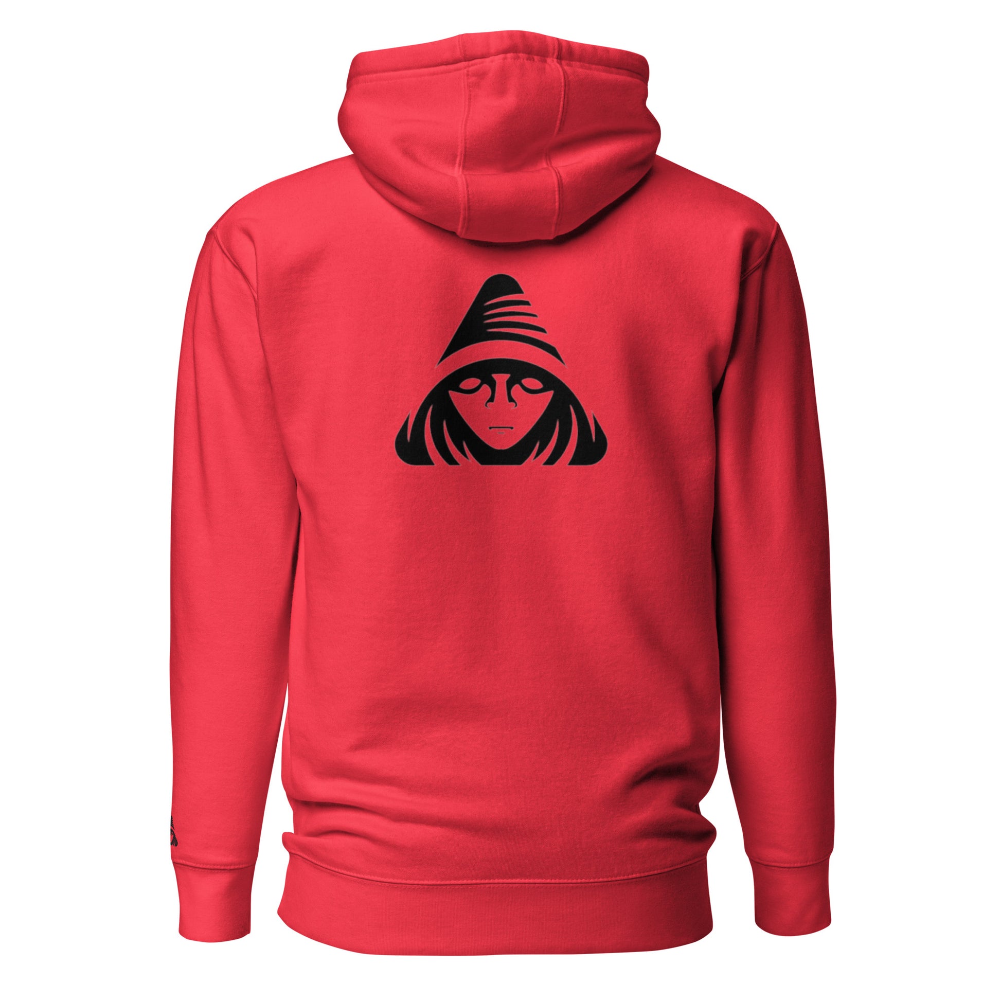 Red hoodie with a black graphic on the back against a white background