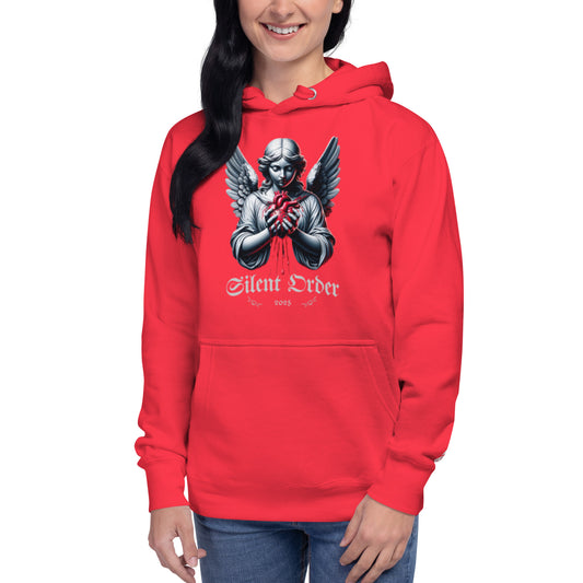 Person wearing a red hoodie with an angel graphic and 'Silent Order' text on a white background