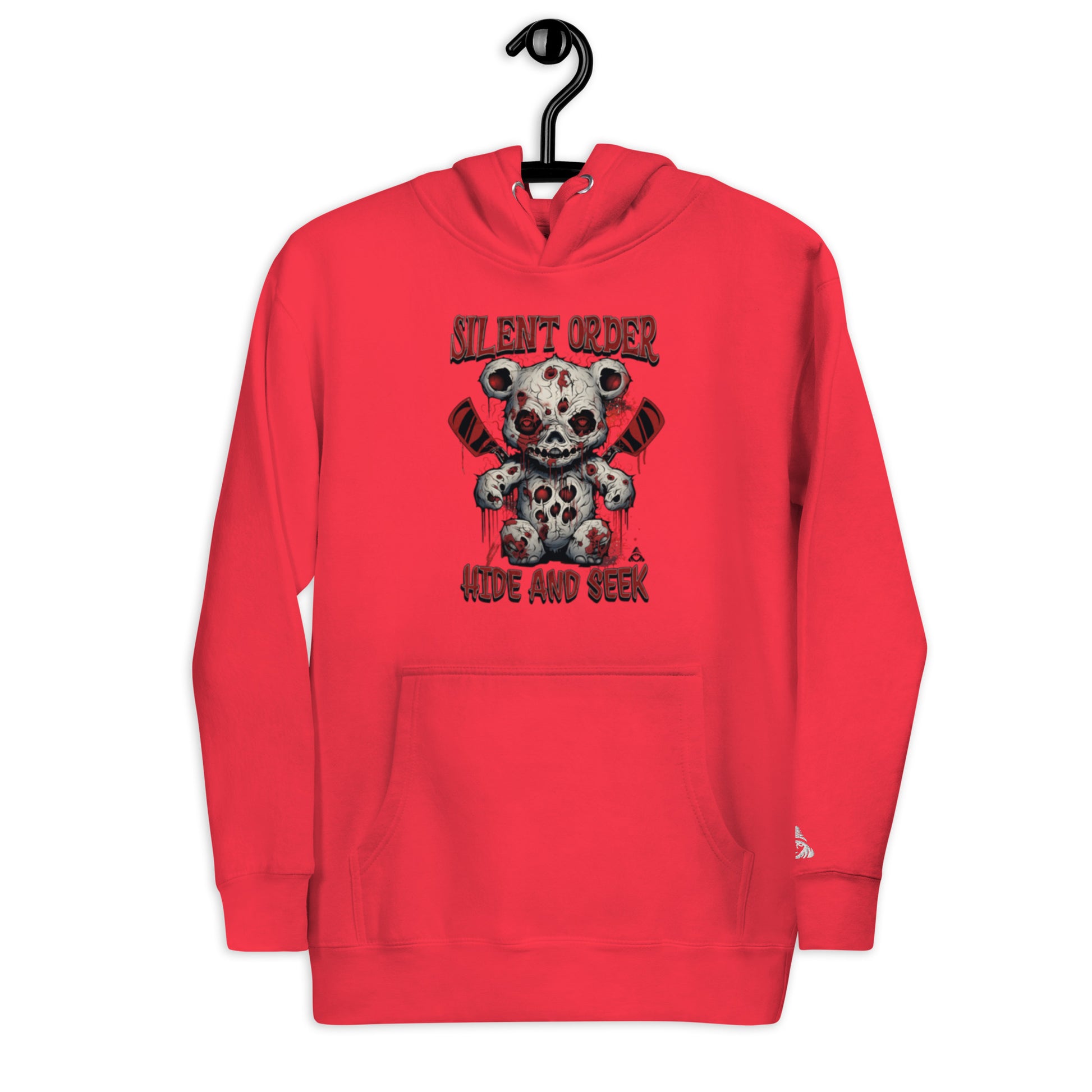 Red hoodie with a graphic design on a white background