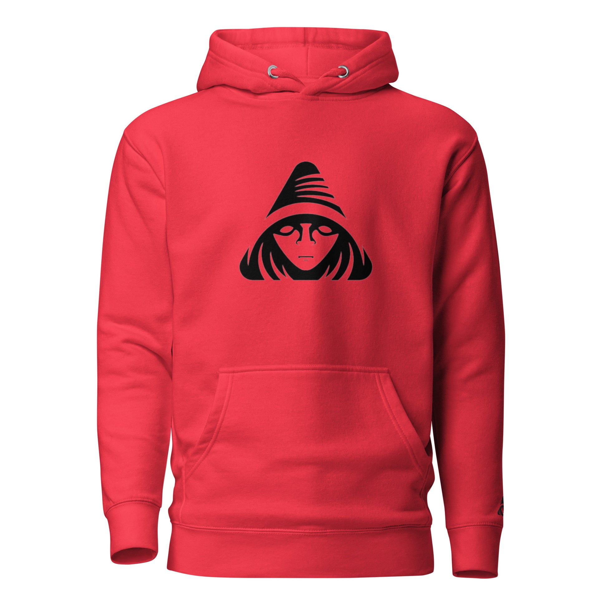 Red hoodie with a black graphic design on a white background