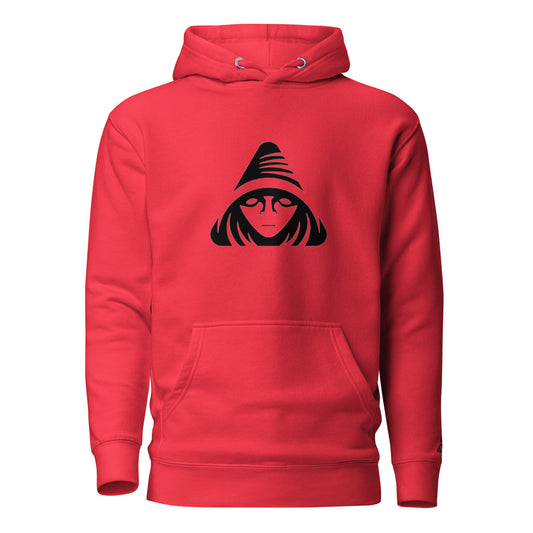 Red hoodie with a black graphic design on a white background