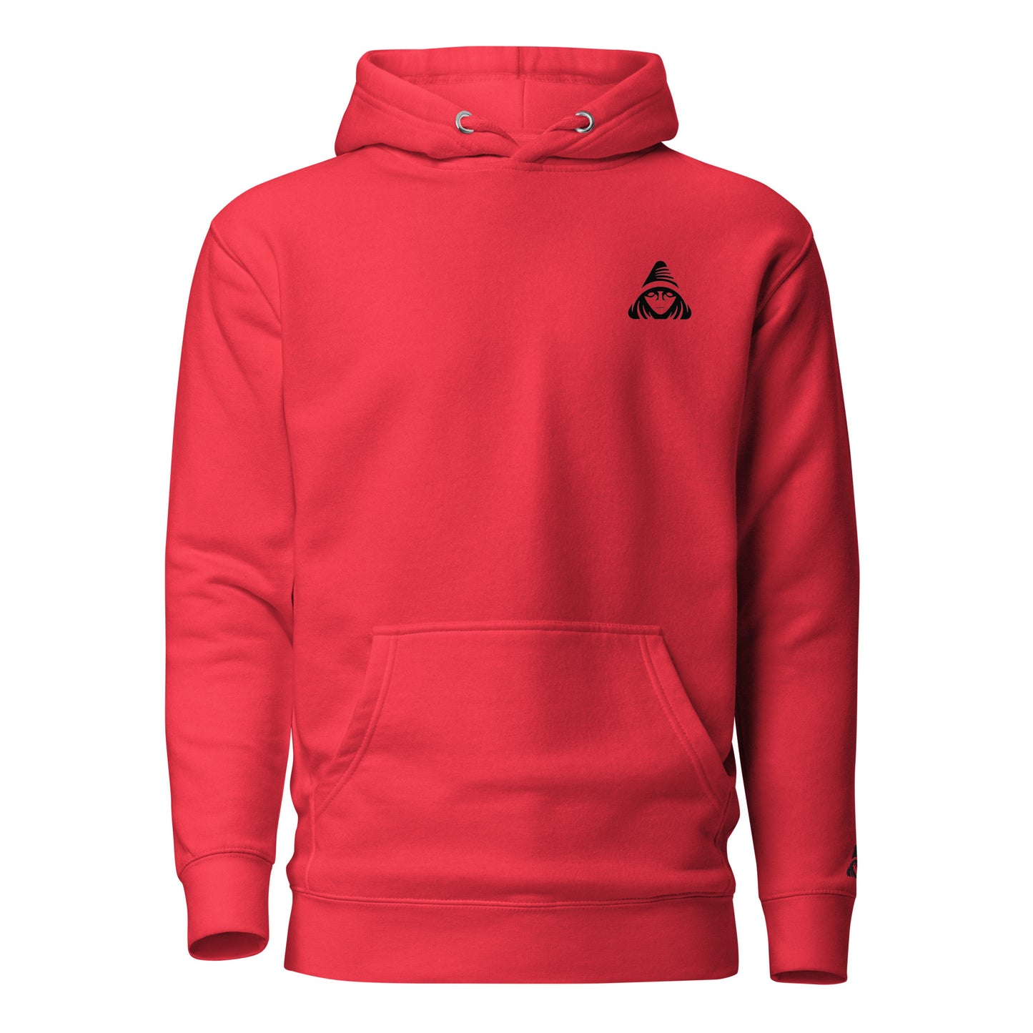 Red hoodie with a black logo on the chest against a white background