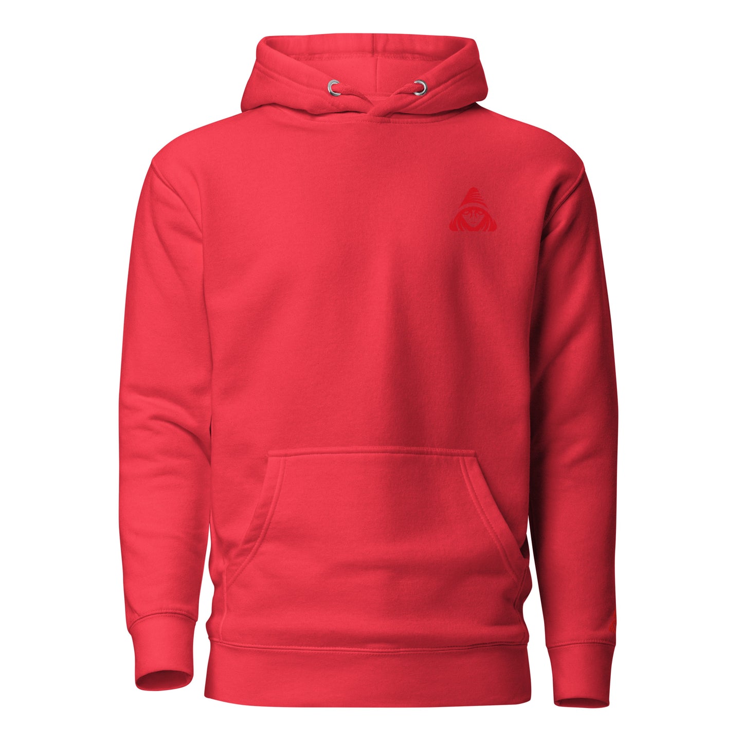 Red hoodie with a small logo on the chest against a white background