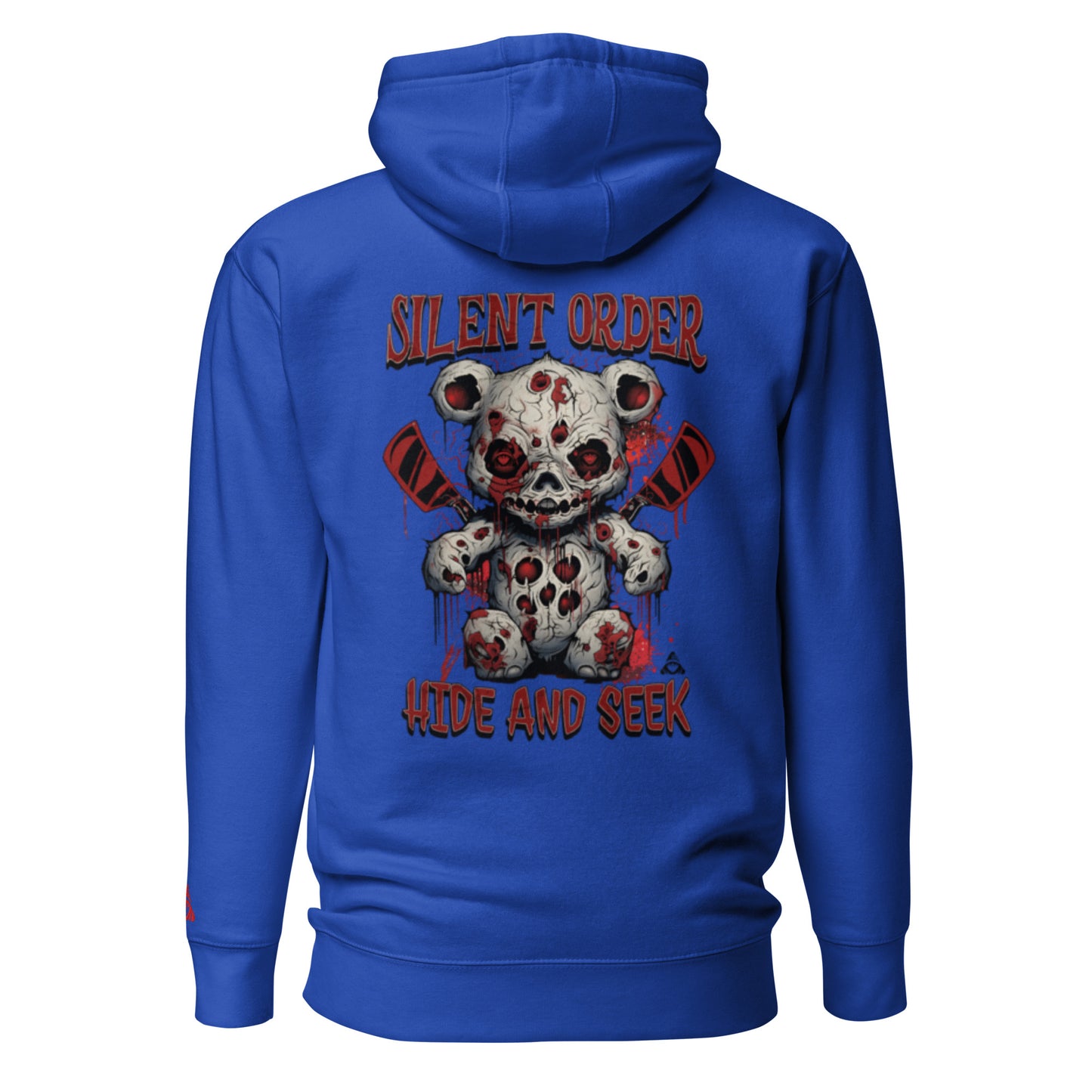 Blue hoodie with a graphic design of a teddy bear and text on the back against a white background