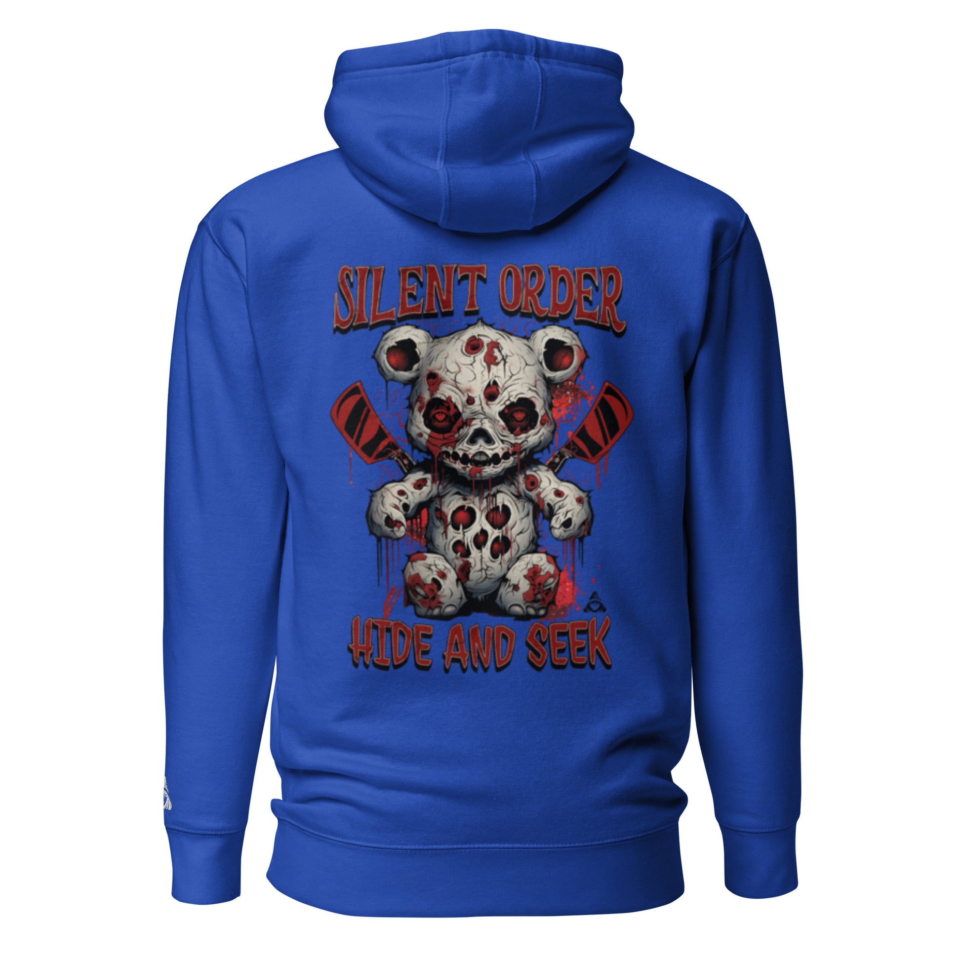 Blue hoodie with a graphic design of a bloody teddy bear and text on the back, on a white background.