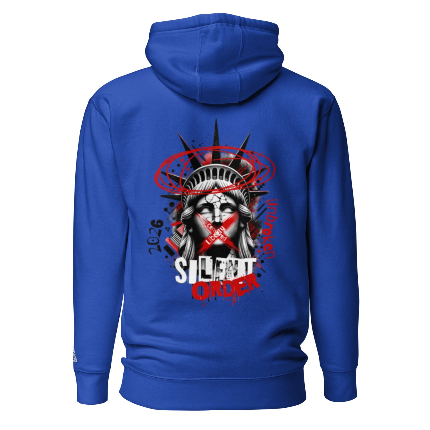 Blue hoodie with a graphic design on the back featuring the Statue of Liberty.