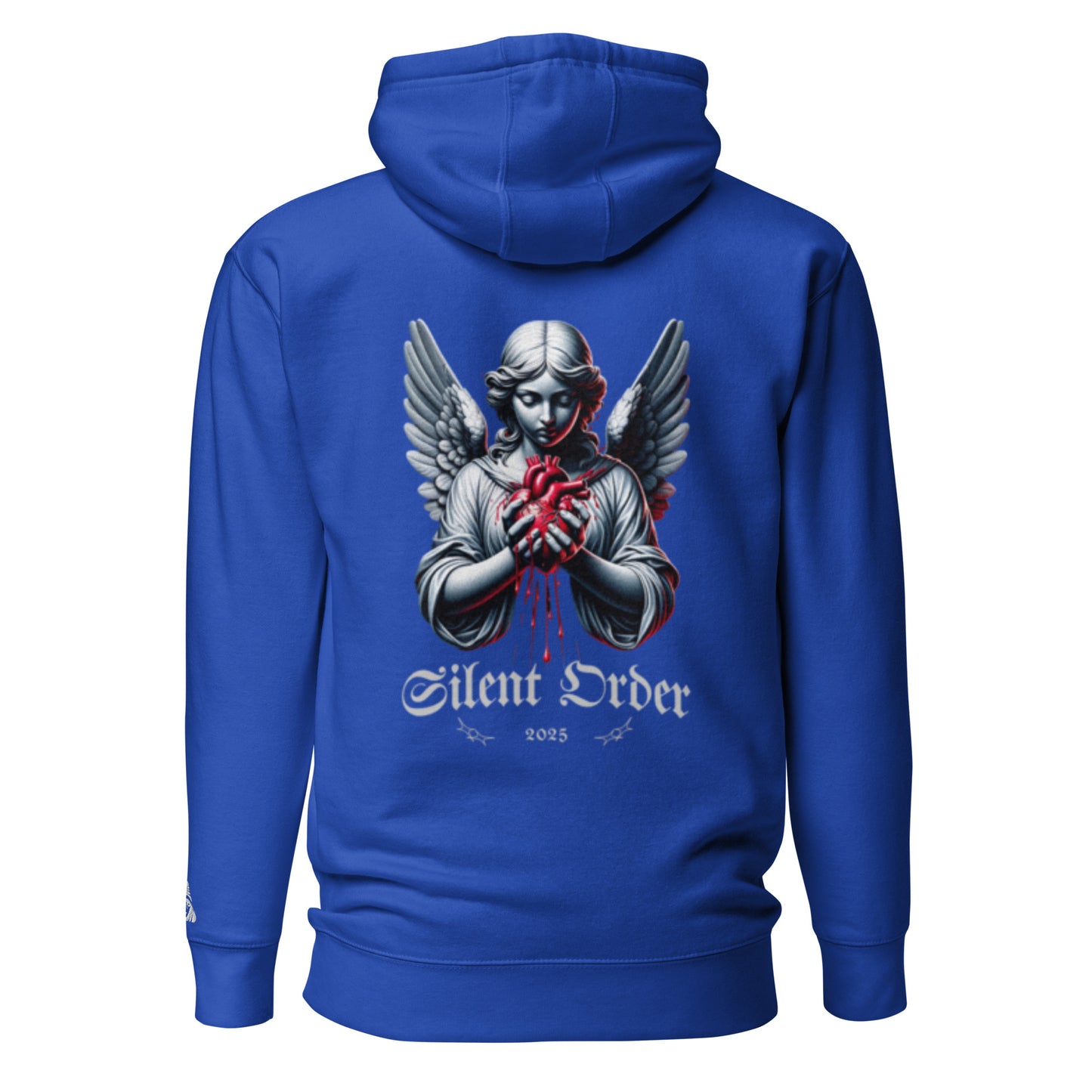 Blue hoodie with an angel graphic and 'Silent Order' text on the back, on a white background