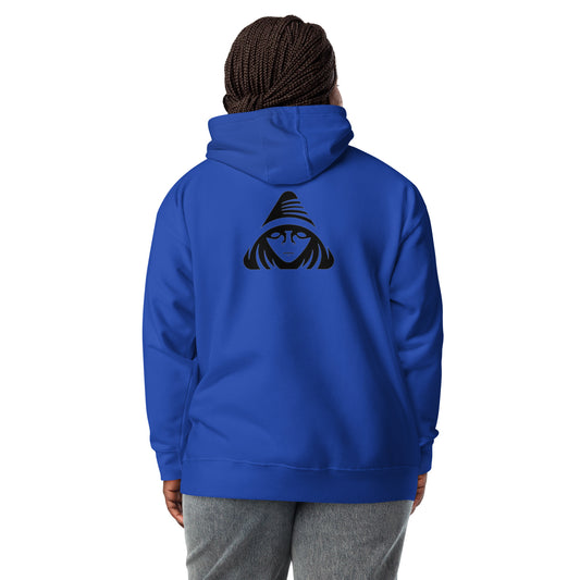 Person wearing a blue hoodie with a black graphic on the back against a white background