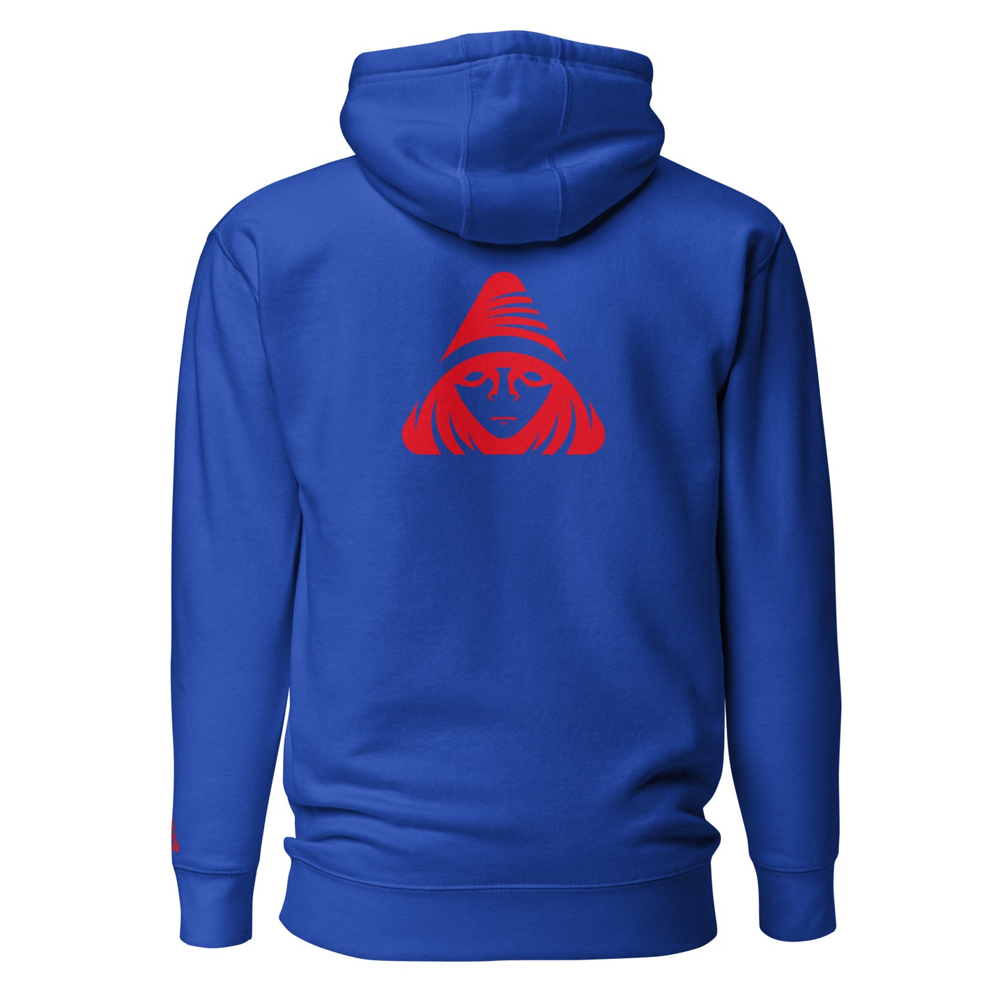 Blue hoodie with a red graphic on the back against a white background