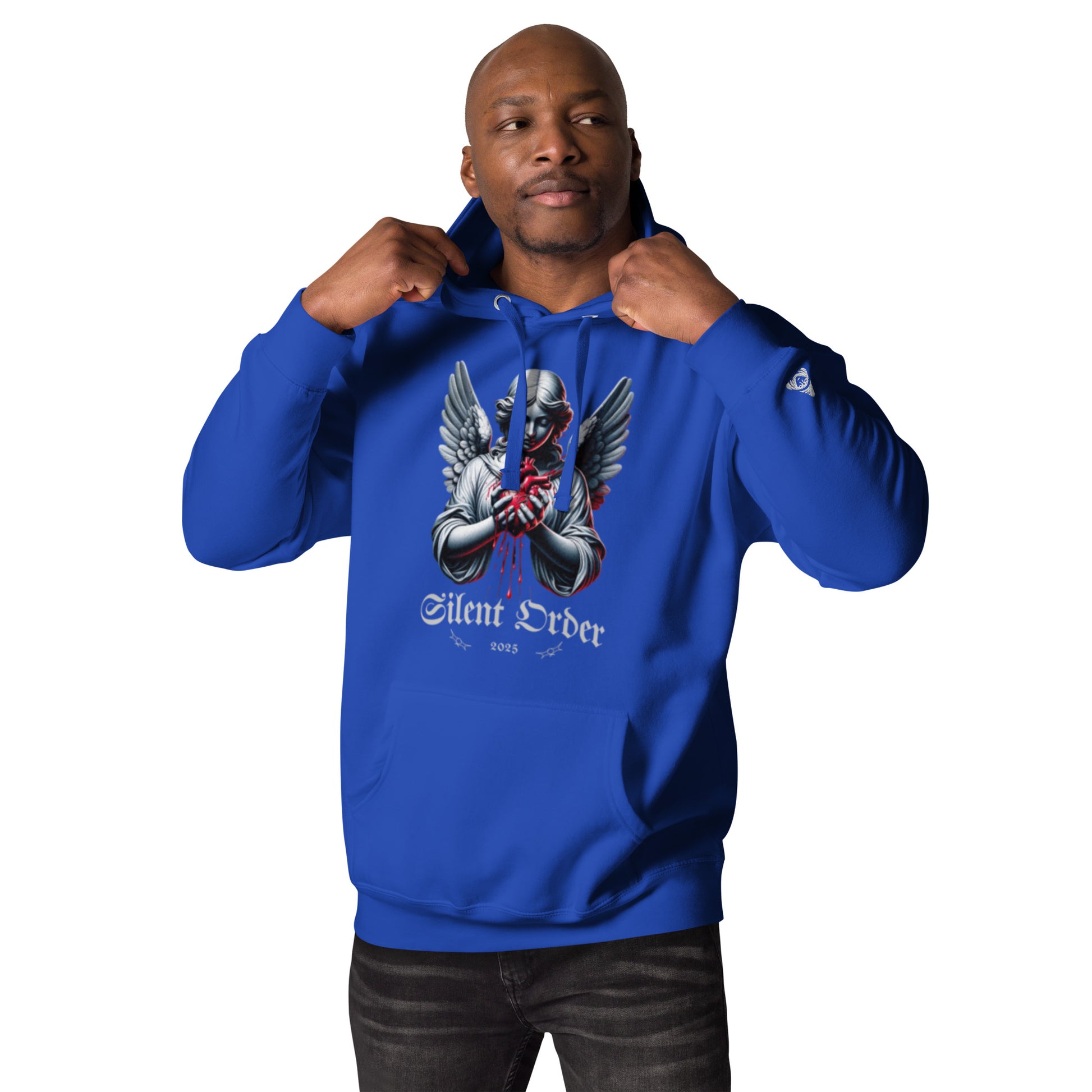 Man wearing a blue hoodie with a graphic design on a white background