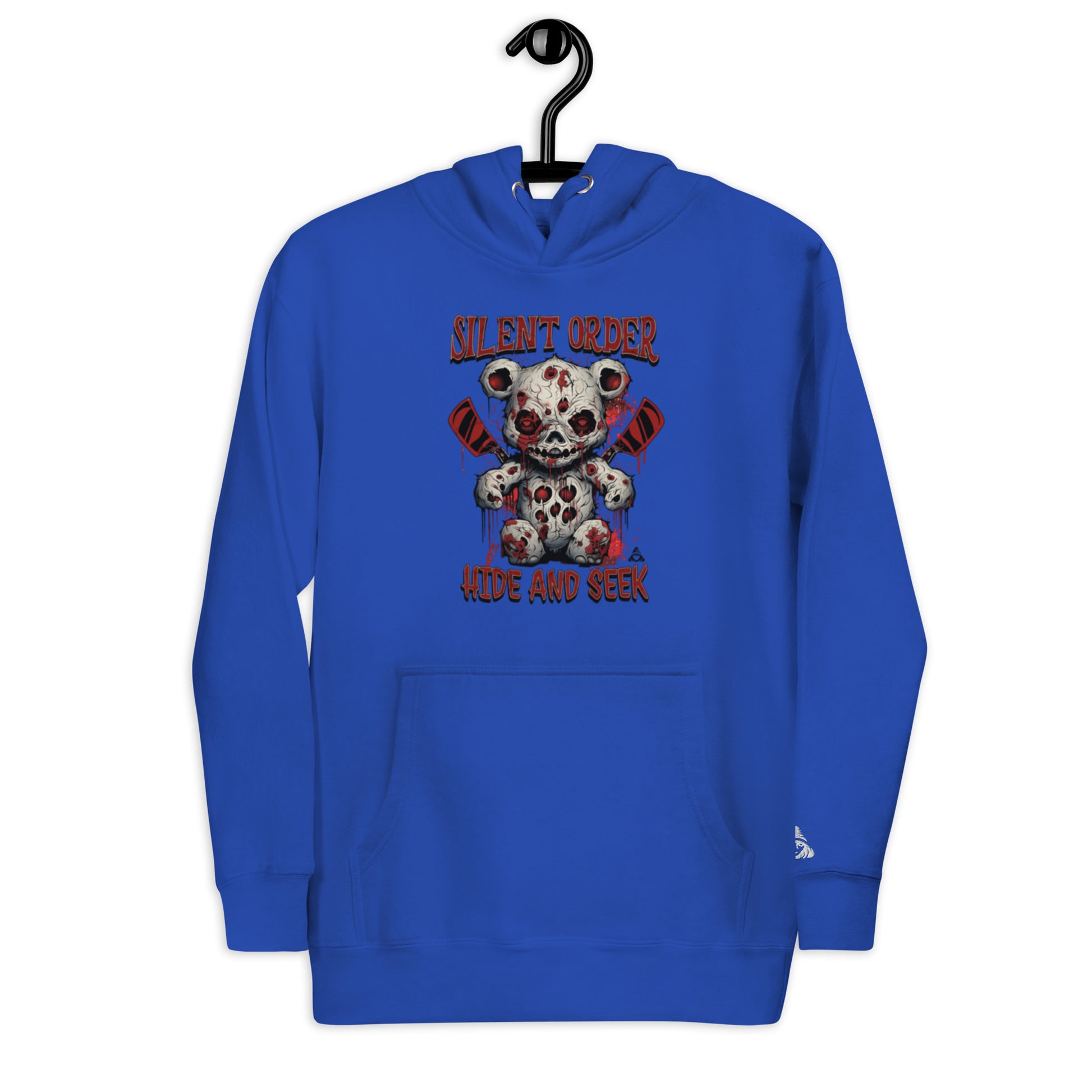Blue hoodie with a teddy bear graphic and text on a white background