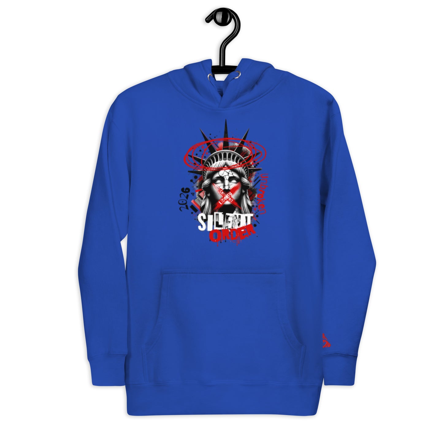 Blue hoodie with a graphic design on a hanger against a white background