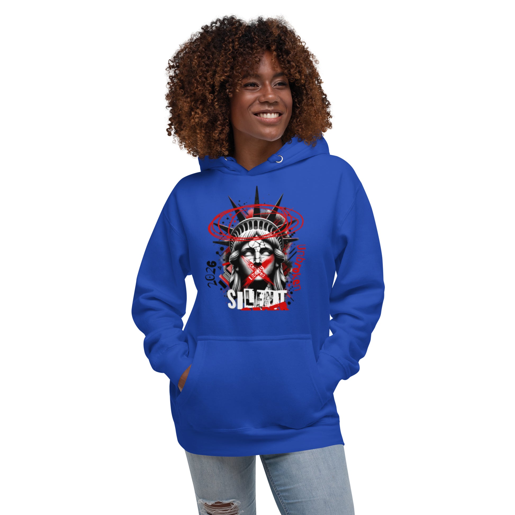 Person wearing a blue hoodie with a graphic design on a white background