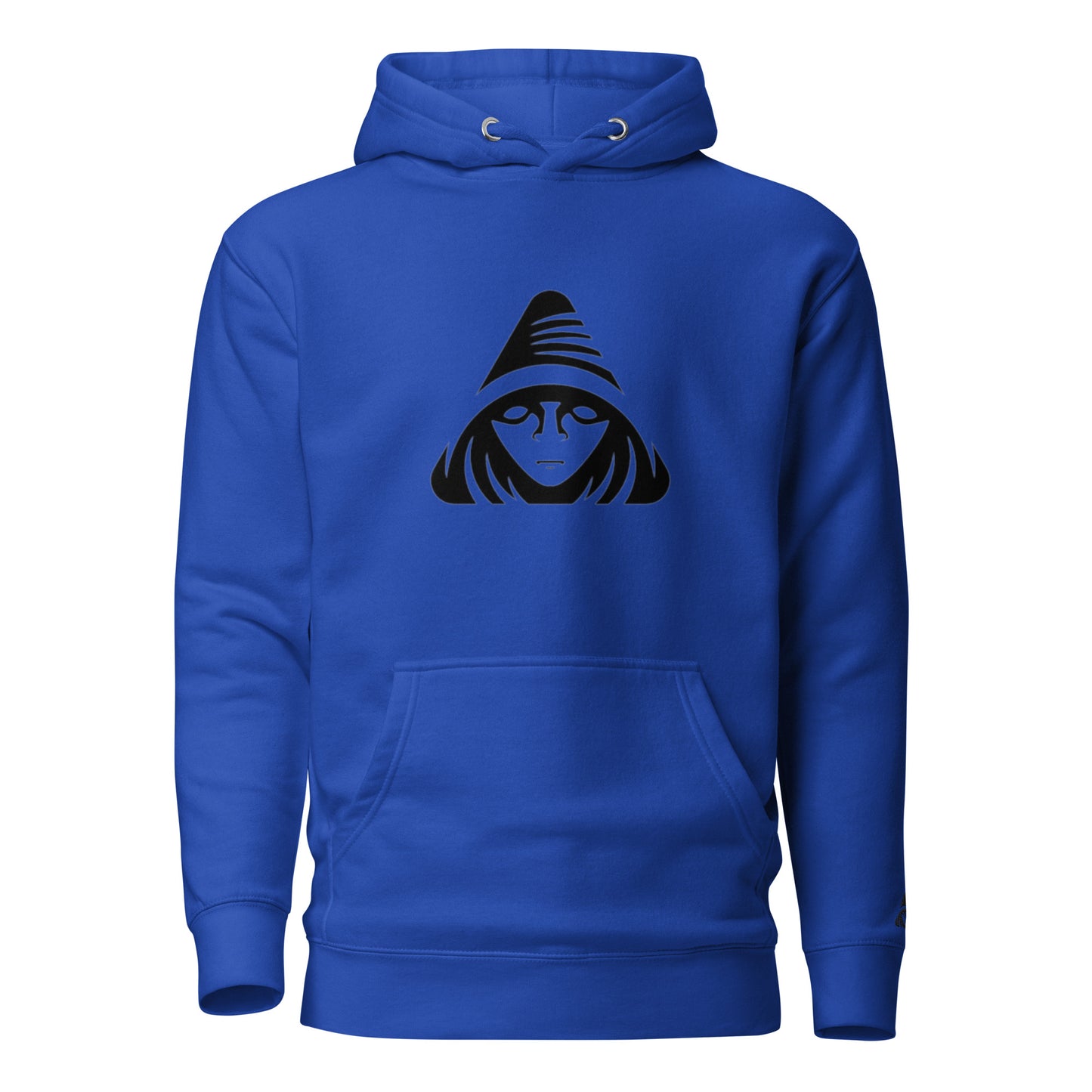 Blue hoodie with a black graphic on the back against a white background