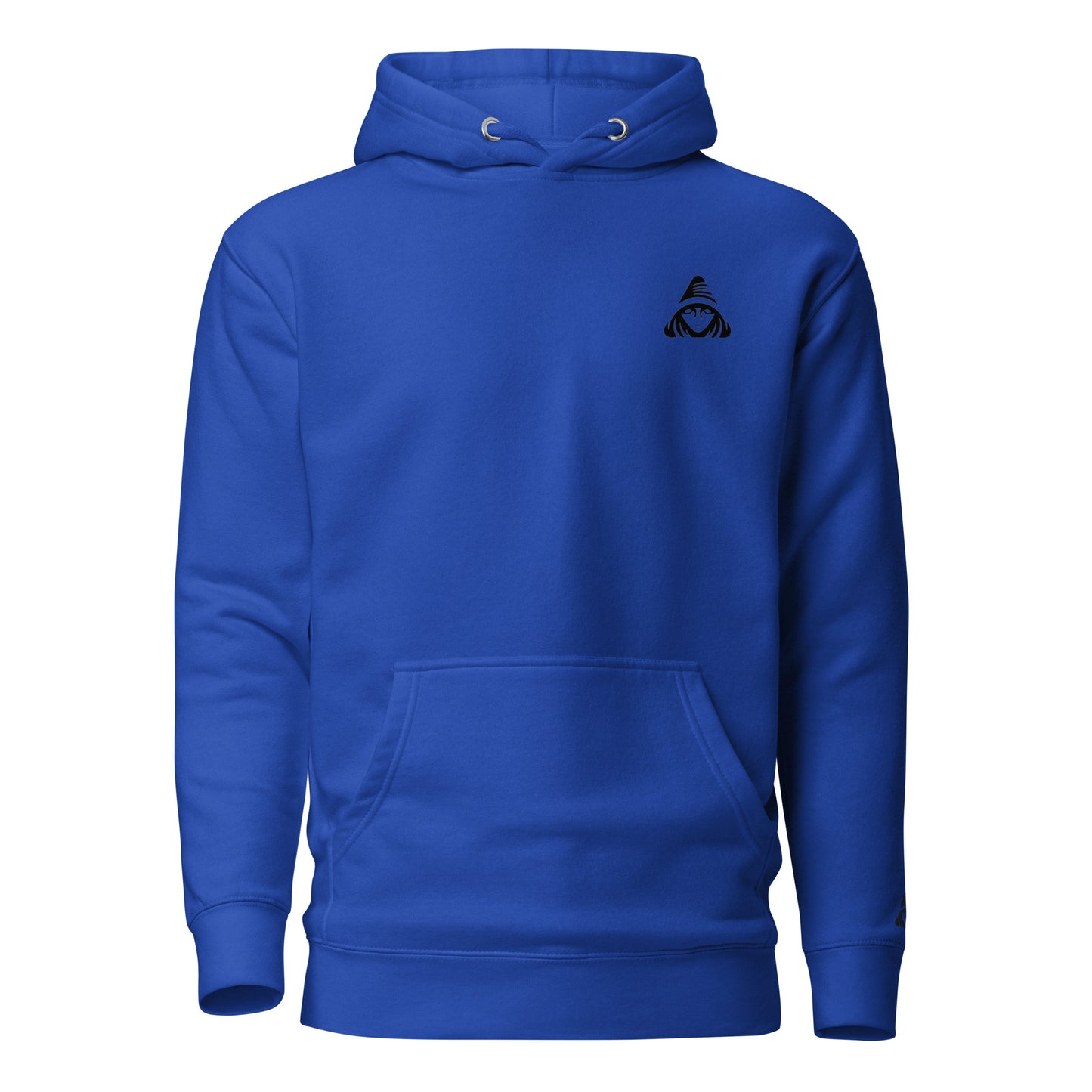 Blue hoodie with a black logo on a white background