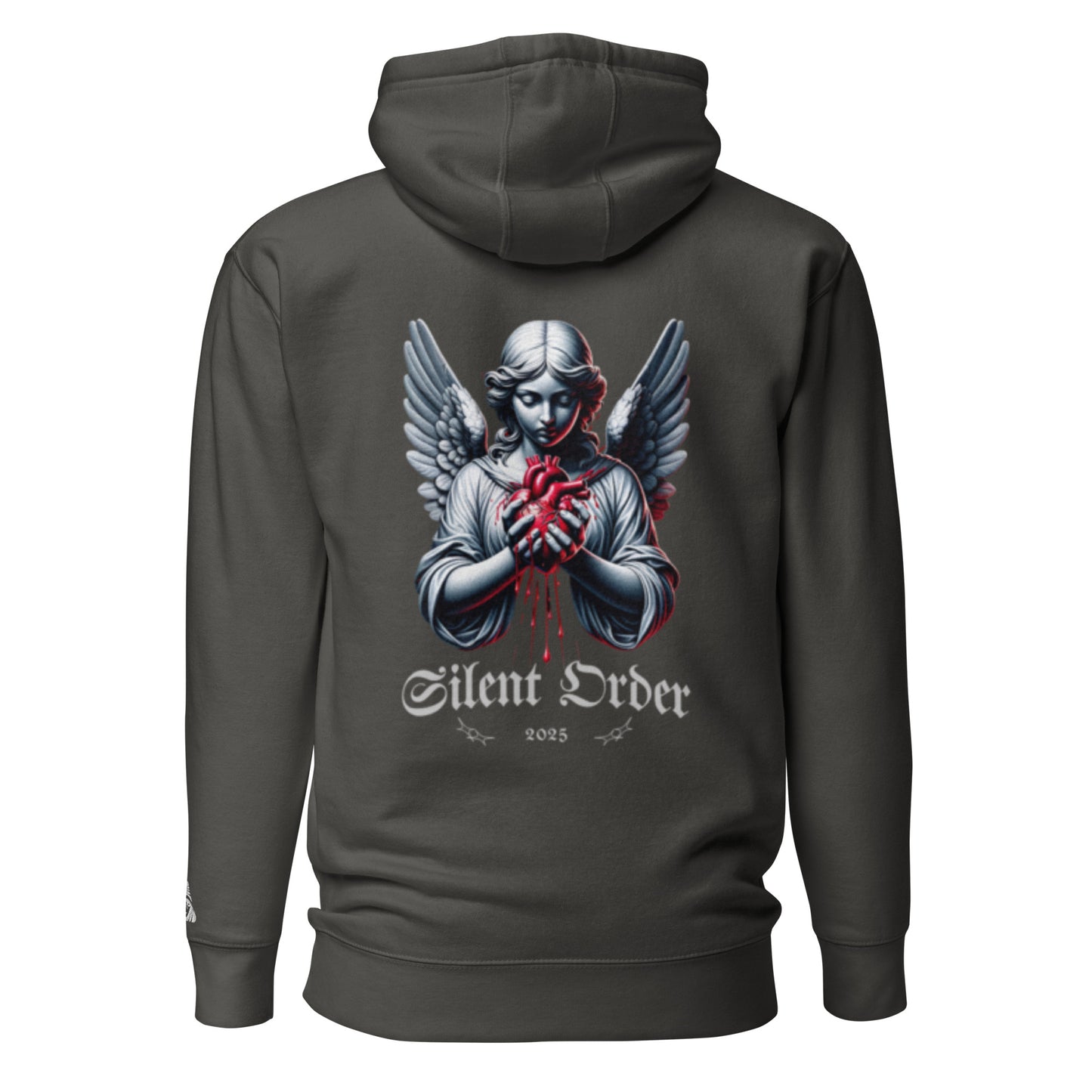 Dark gray hoodie with an angel graphic and 'Silent Order' text on the back, displayed on a white background.