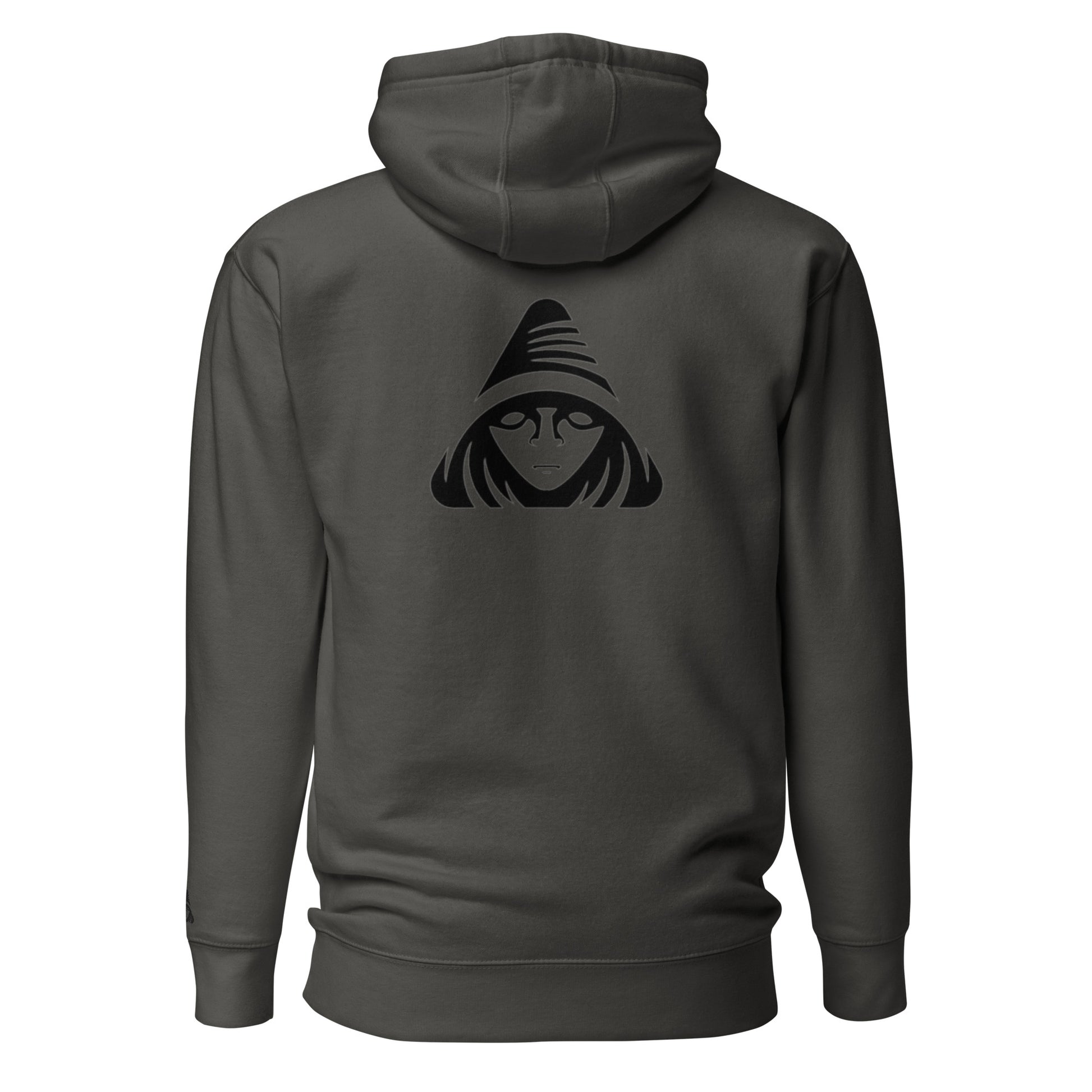 Dark gray hoodie with a black graphic on the back against a white background