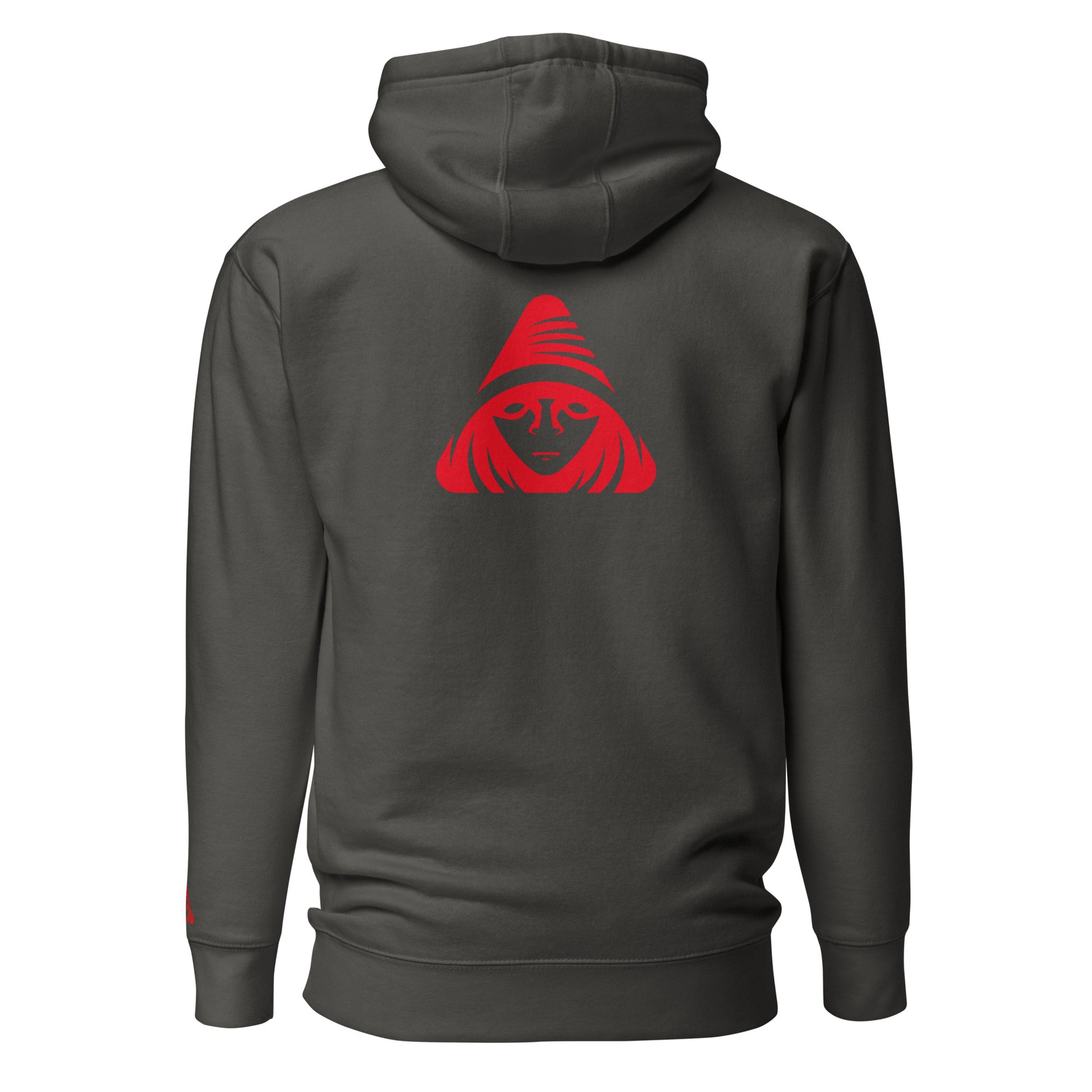 Dark gray hoodie with a red logo on the back against a white background
