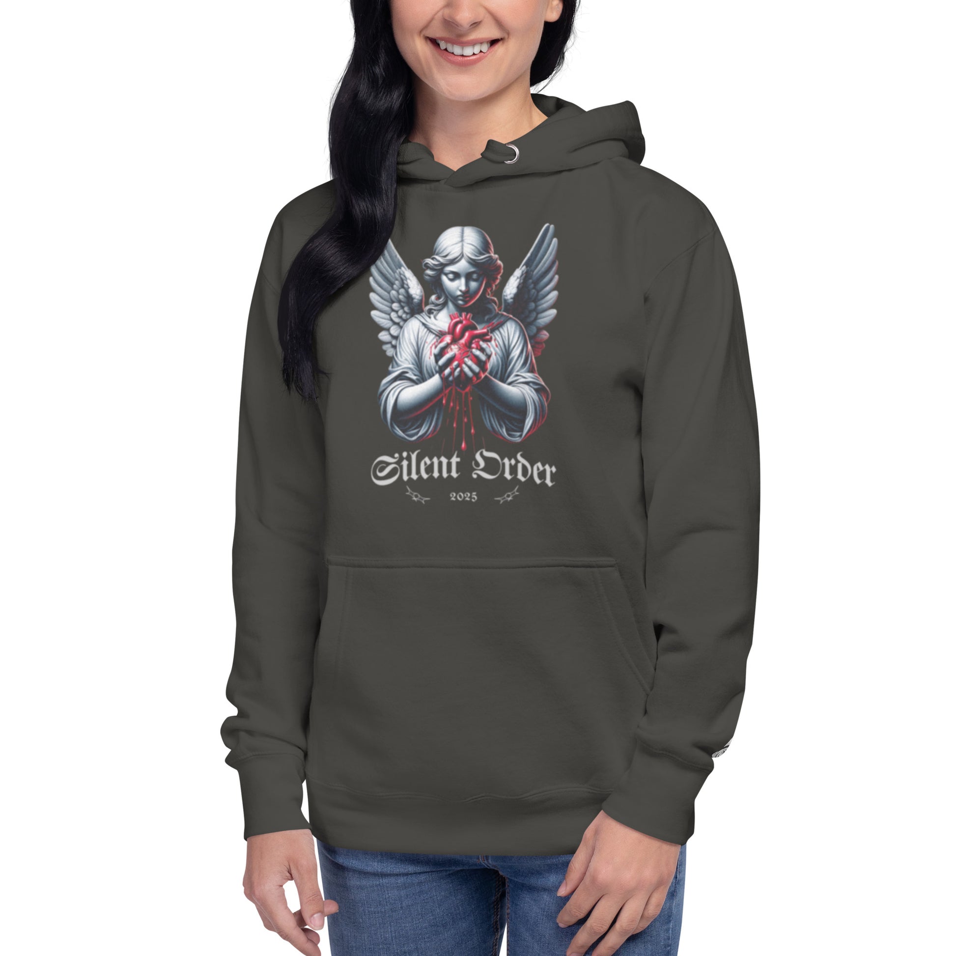 Person wearing a dark gray hoodie with an angel graphic and 'Silent Order' text on a white background