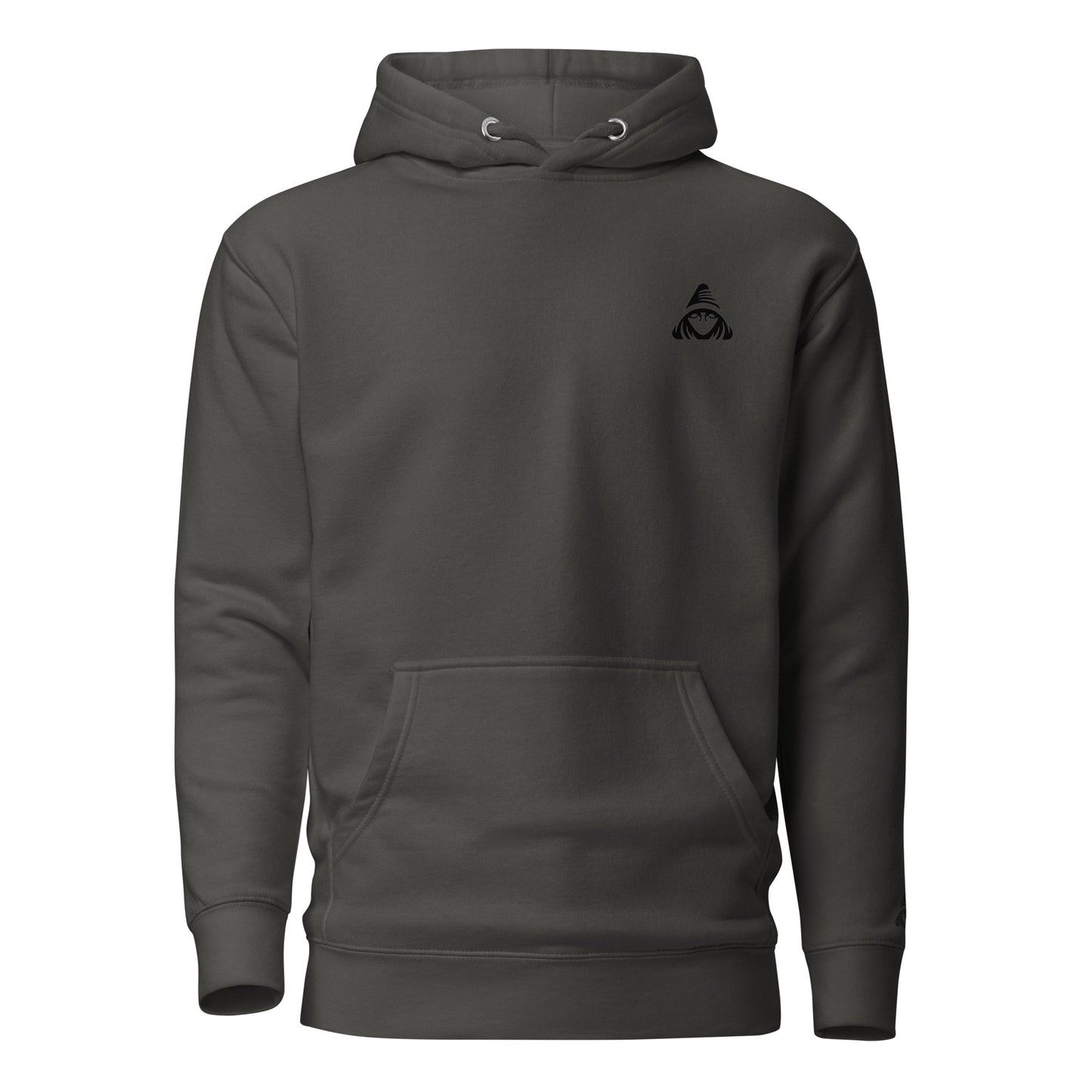 Dark gray hoodie with a small black logo on the chest against a white background