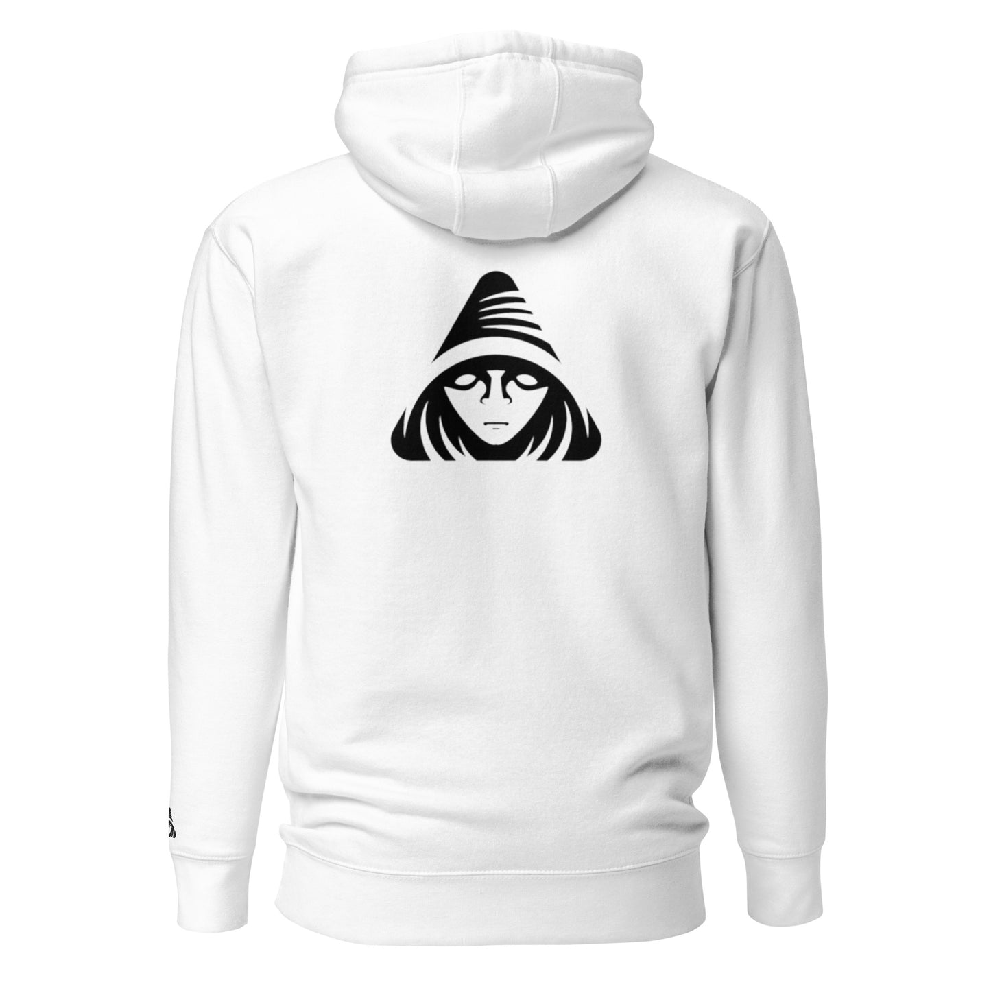 White hoodie with a black graphic on the back against a white background
