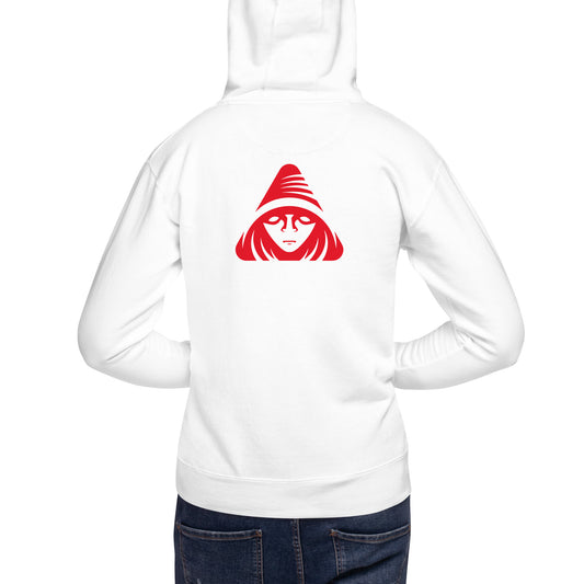 White hoodie with a red graphic on the back, worn by a person.