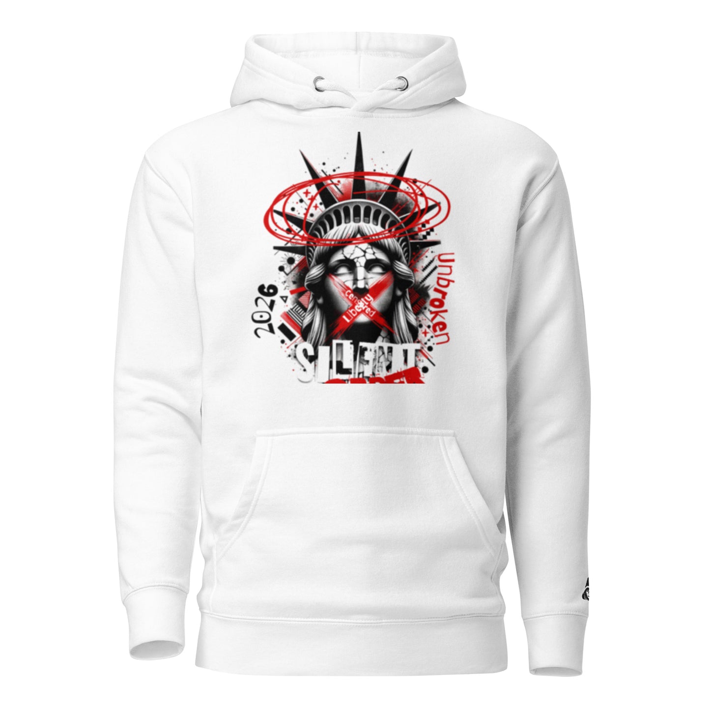 White hoodie with a graphic design of a stylized face with horns and text on a white background
