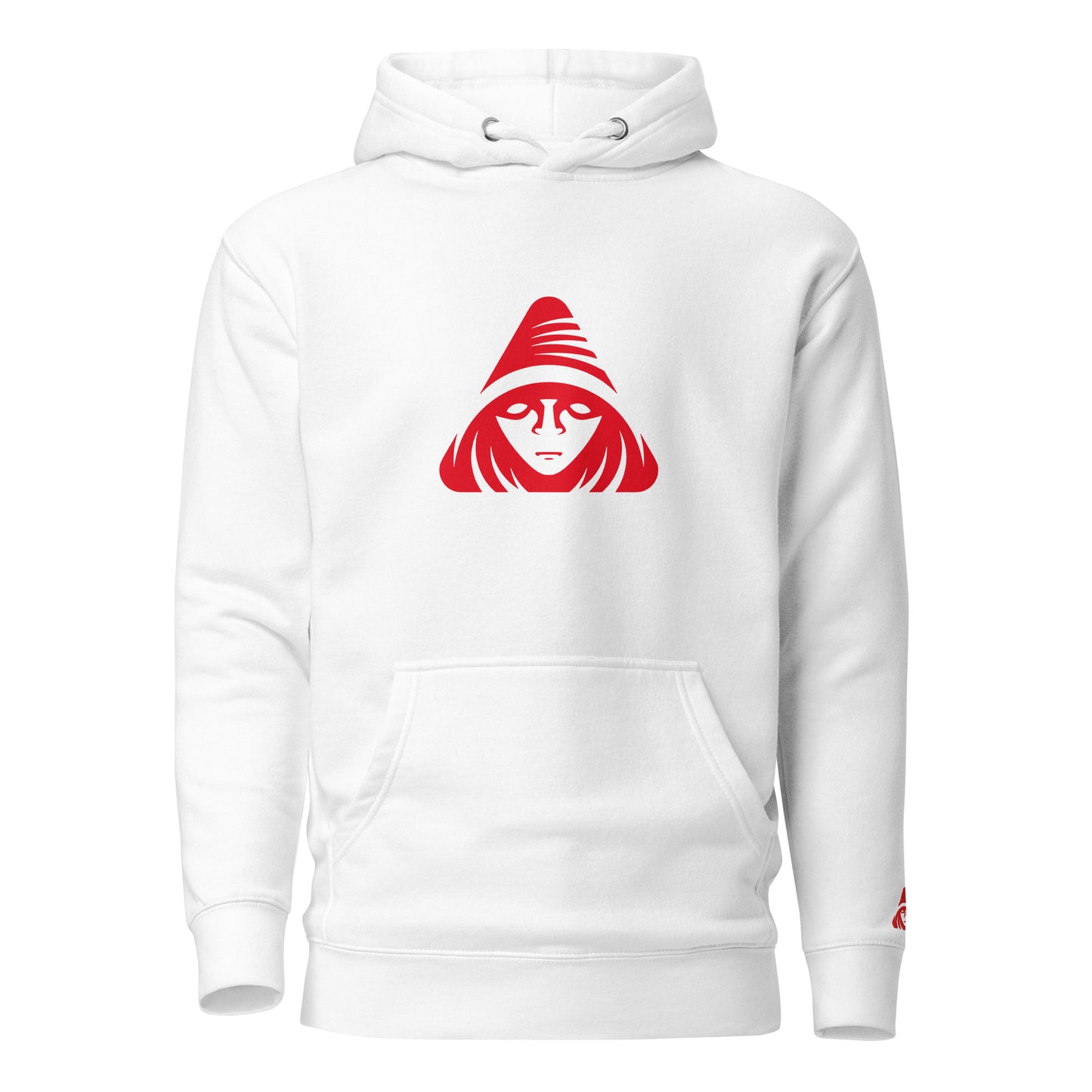 White hoodie with a red graphic on a white background