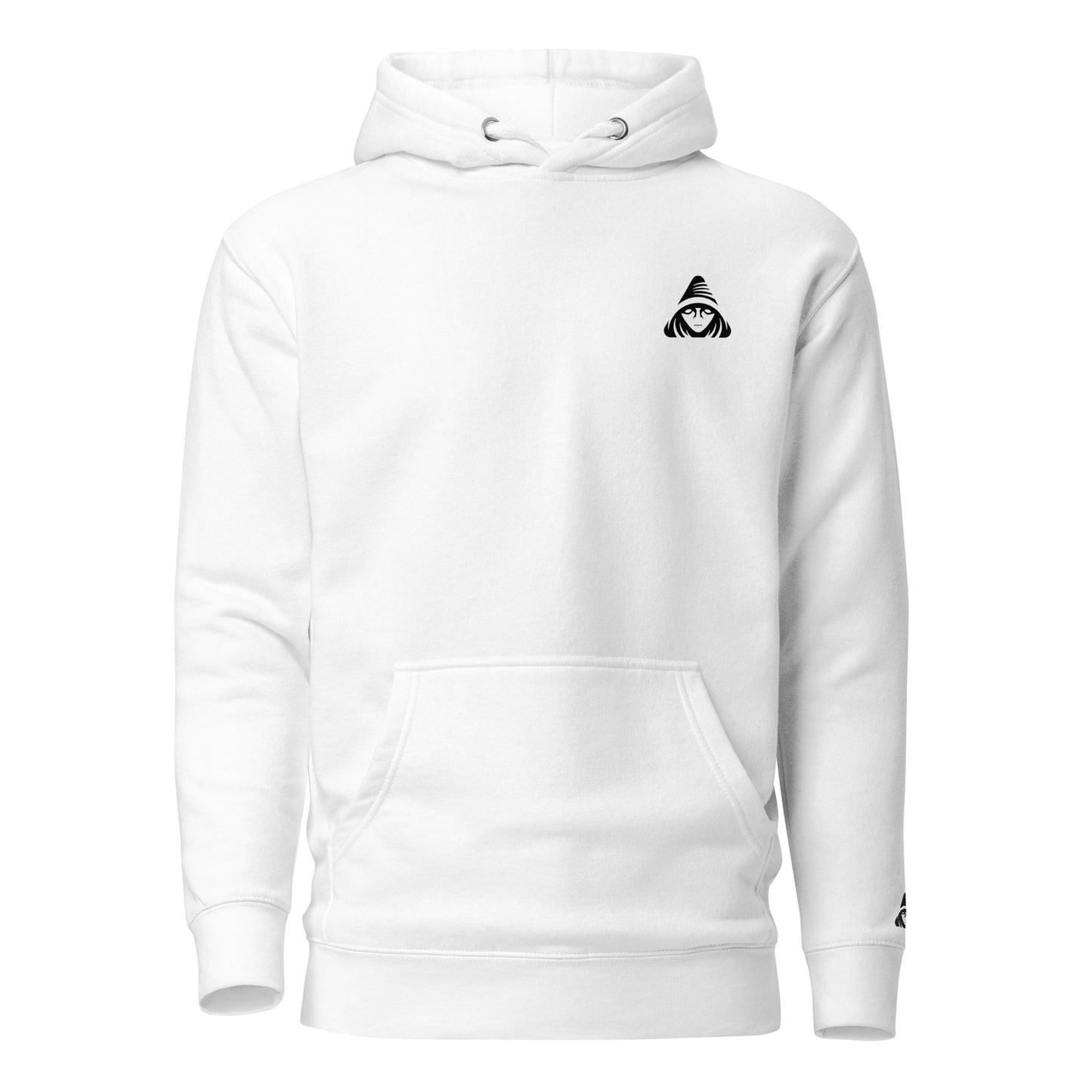 White hoodie with a black logo on a white background