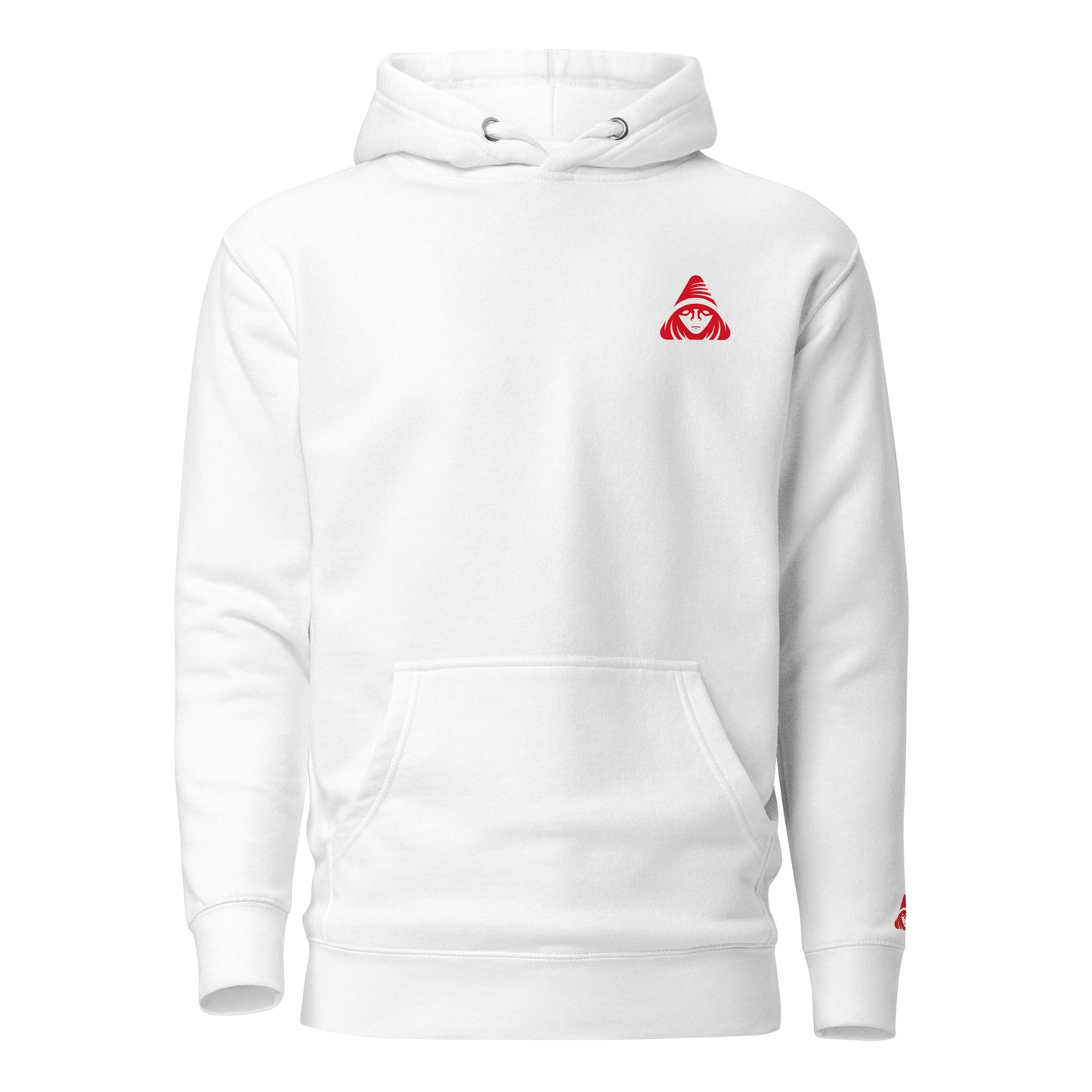 White hoodie with a red logo on a white background