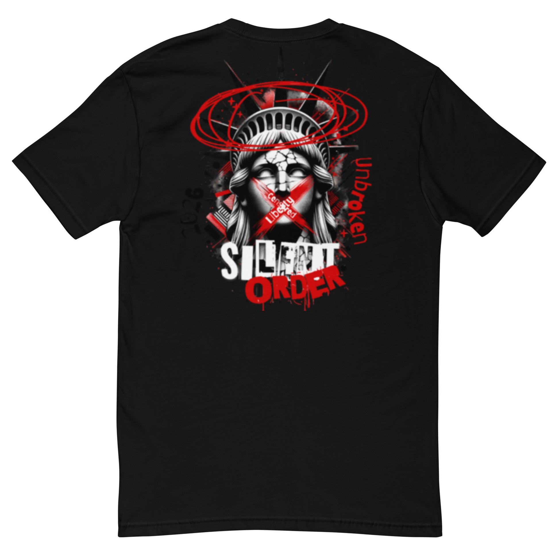 Black t-shirt with graphic design on the back featuring a stylized face and text.