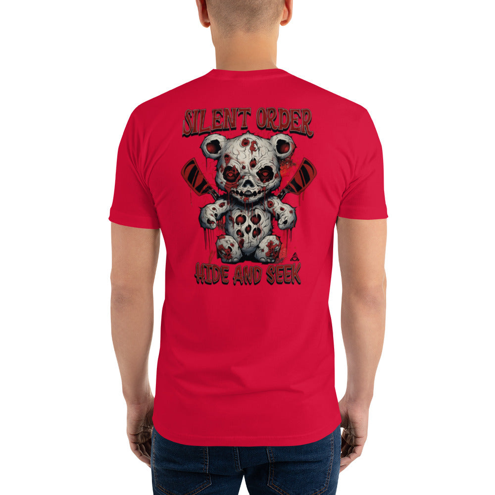 Red t-shirt with a graphic design on the back, featuring text and a bear-like creature.