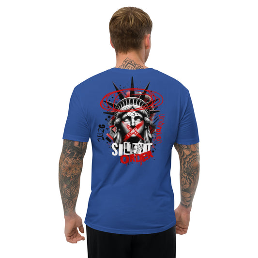 Man wearing a blue t-shirt with a graphic design on the back, featuring a stylized figure of liberty with text.