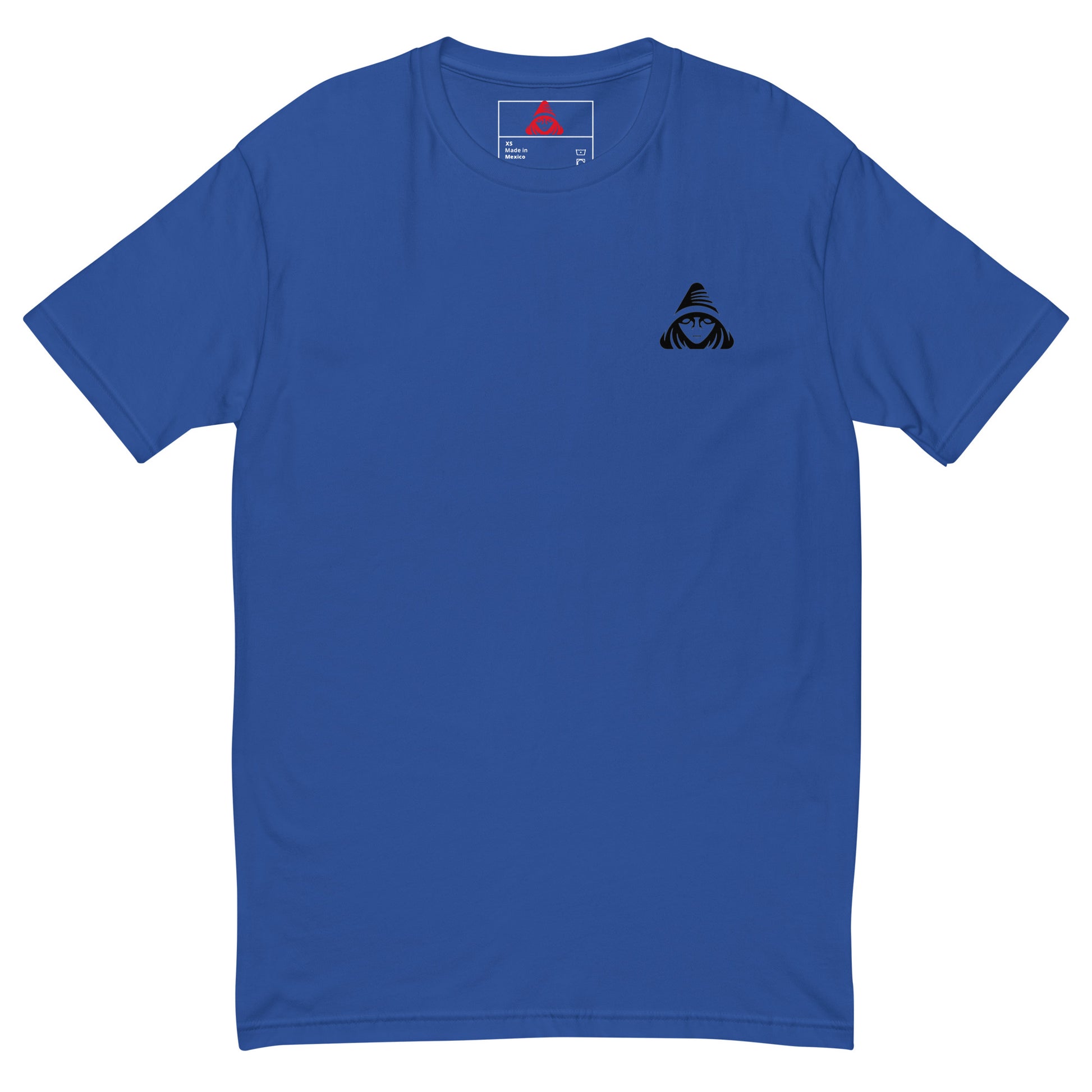 Blue t-shirt with a black logo on the chest against a white background