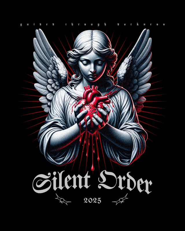Illustration of an angel holding a heart with 'Silent Order' branding on a black background