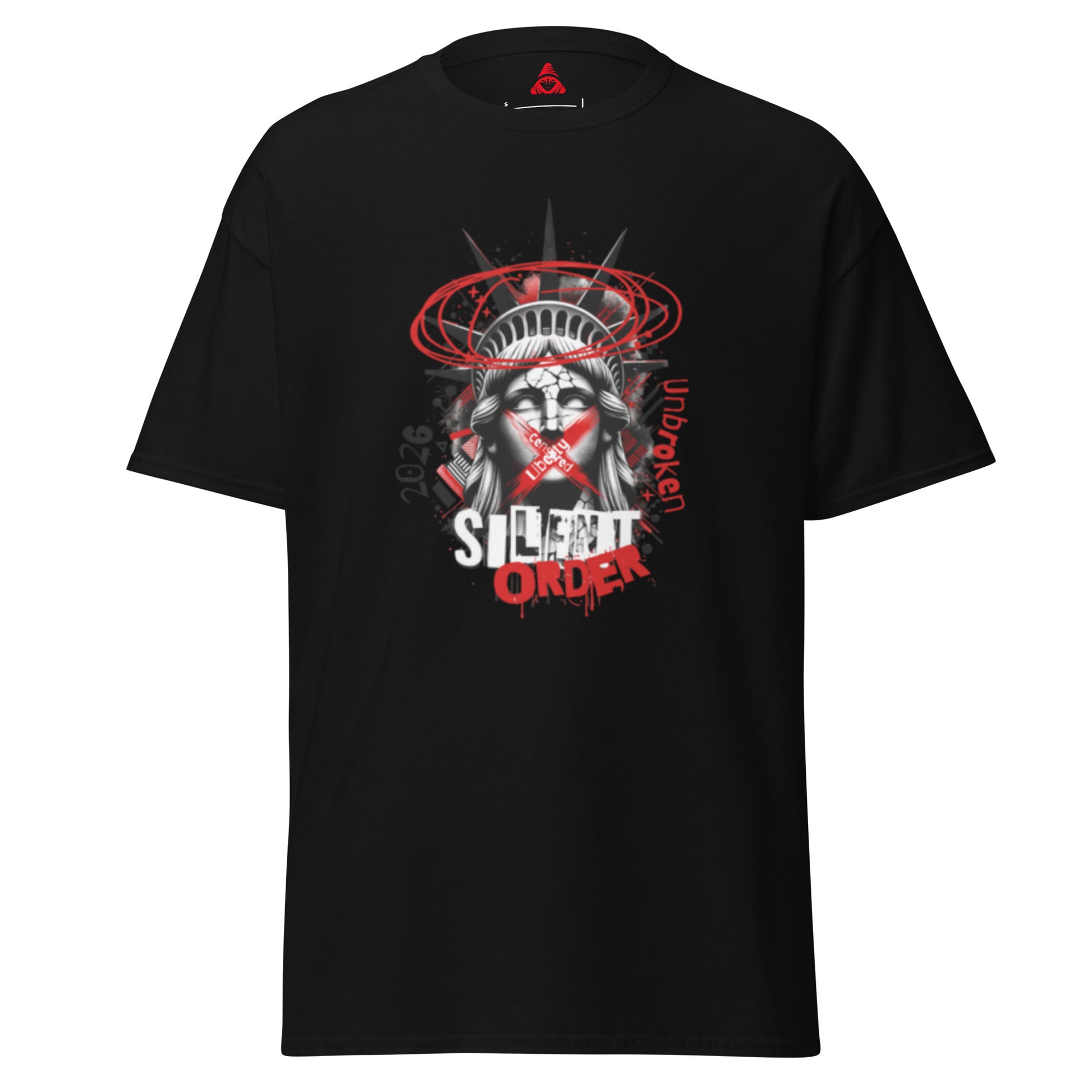Black t-shirt with graphic design and 'Silent Order' text on a white background