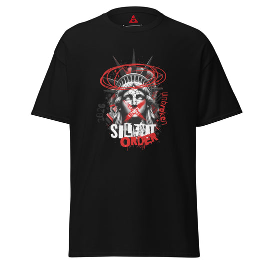 Black t-shirt with graphic design and 'Silent Order' text on a white background