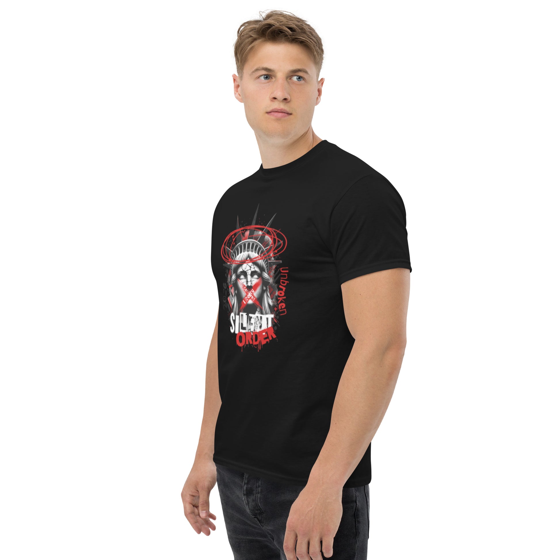 Man wearing a black t-shirt with a graphic design on a white background