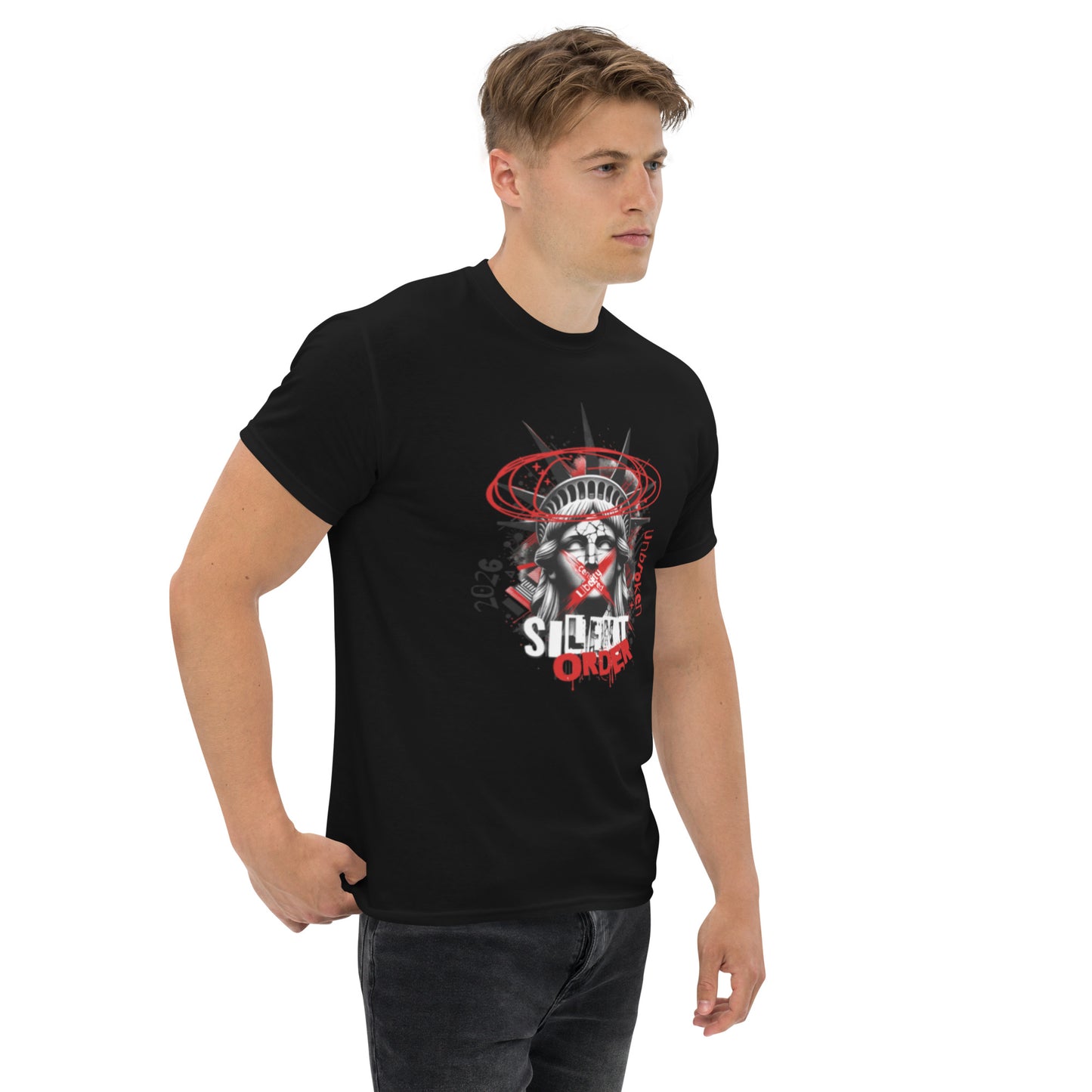 Man wearing a black t-shirt with a graphic design on a white background