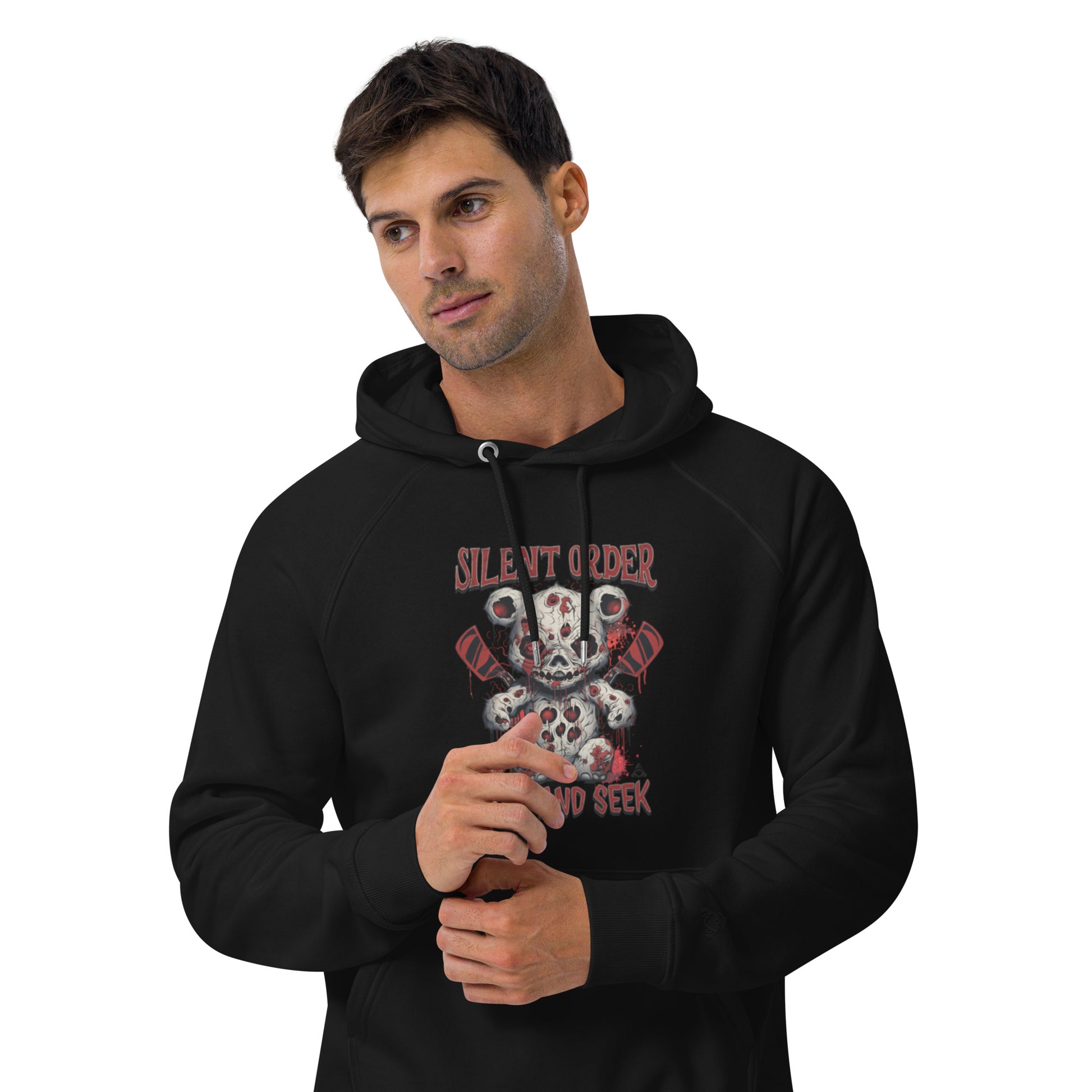 Man wearing a black hoodie with a graphic design on a white background
