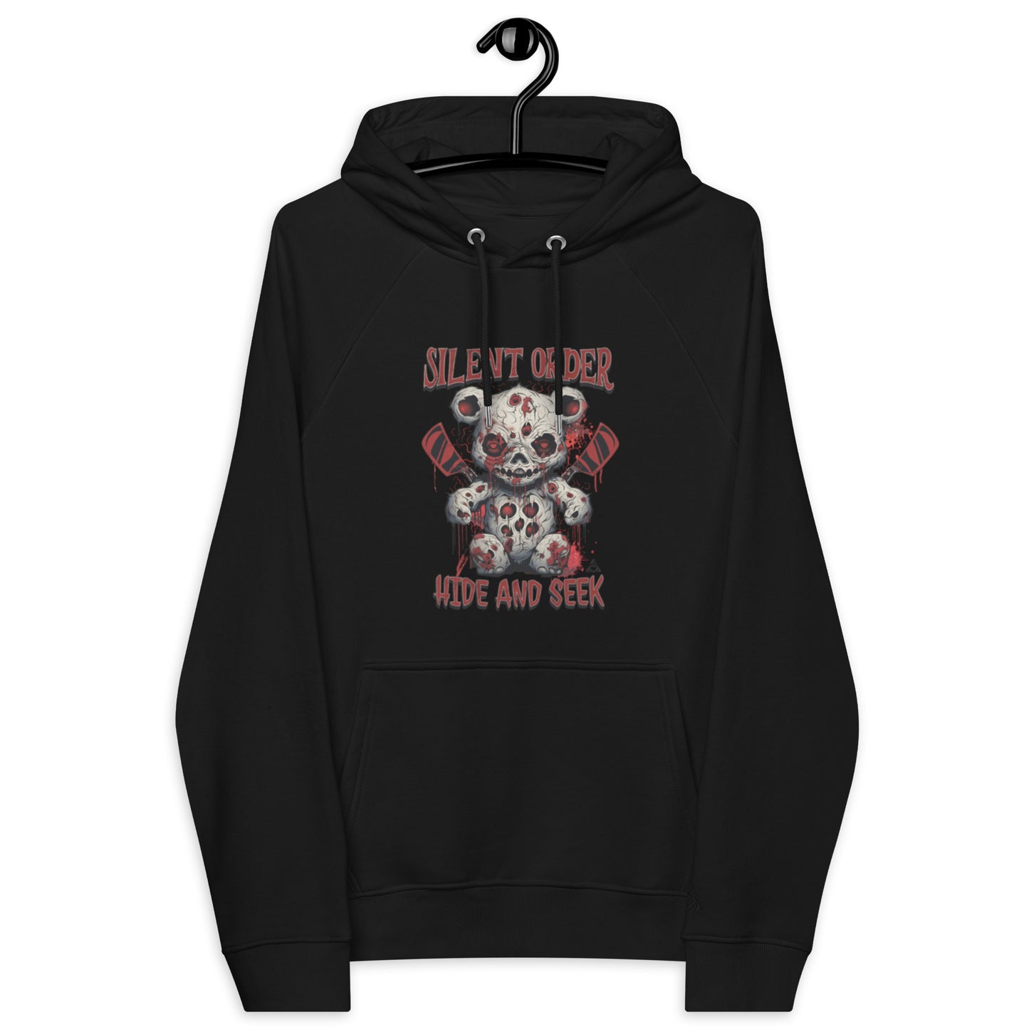 Black hoodie with a graphic design of a teddy bear and text on a white background