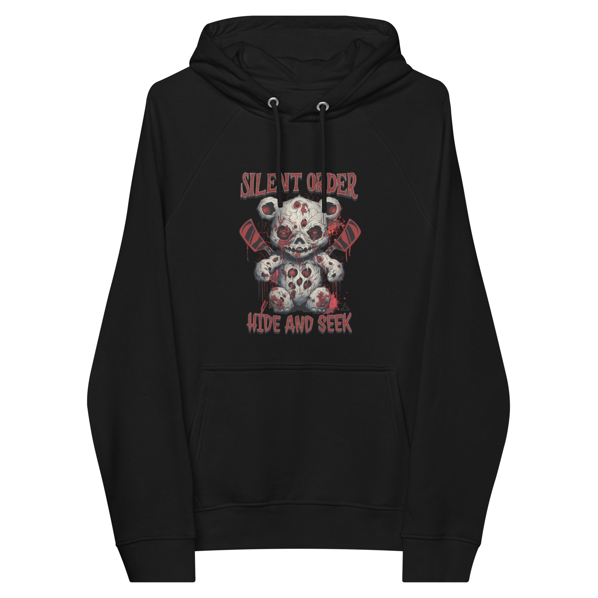Black hoodie with a graphic design of a bear and text on a white background