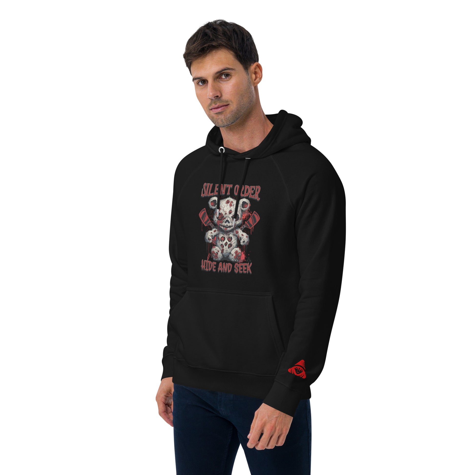 Man wearing a black hoodie with a graphic design on a white background