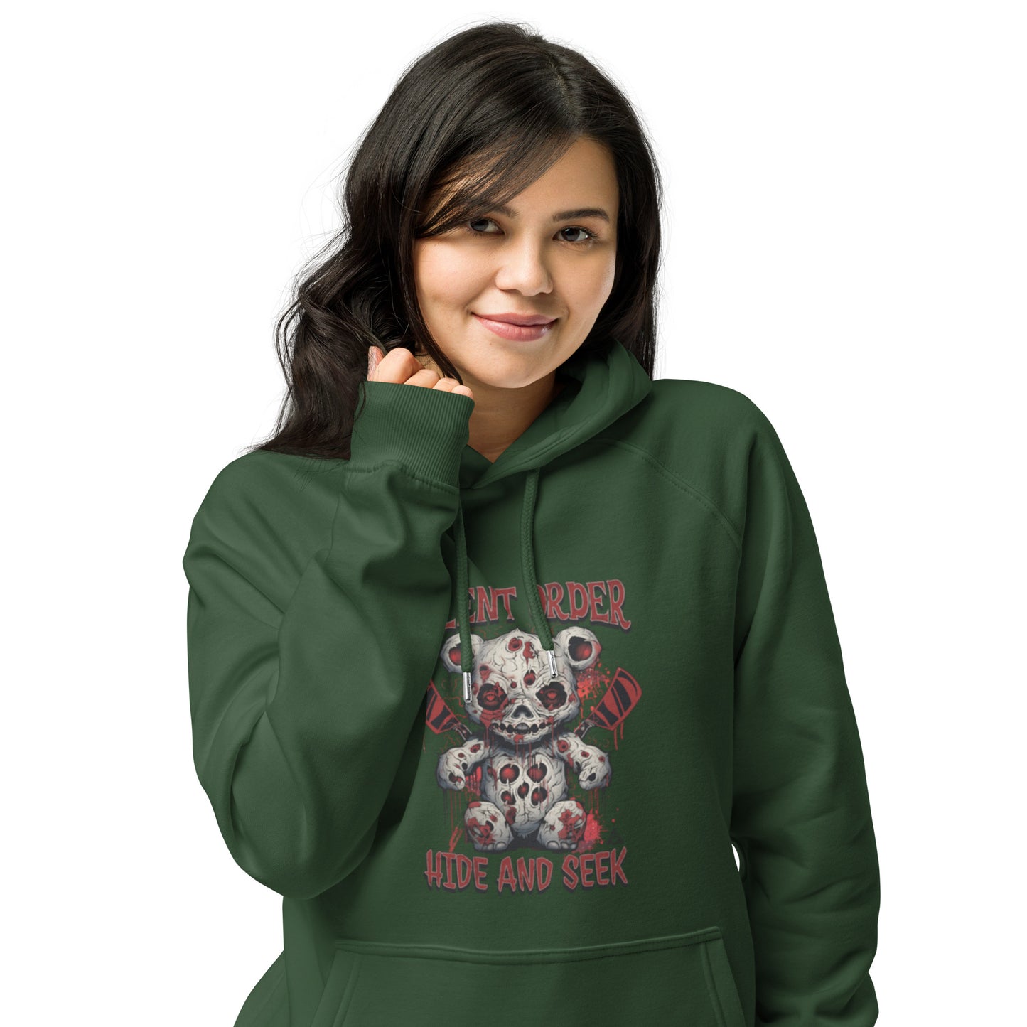Person wearing a green hoodie with a graphic design on a white background