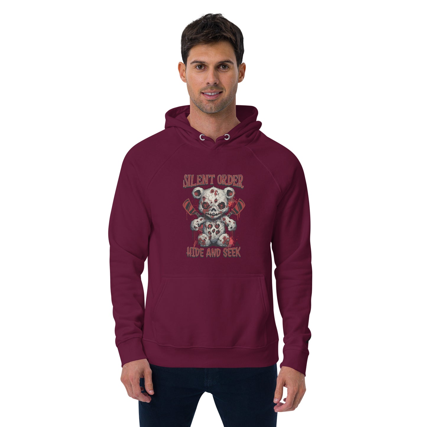 Man wearing a maroon hoodie with a graphic design on a white background
