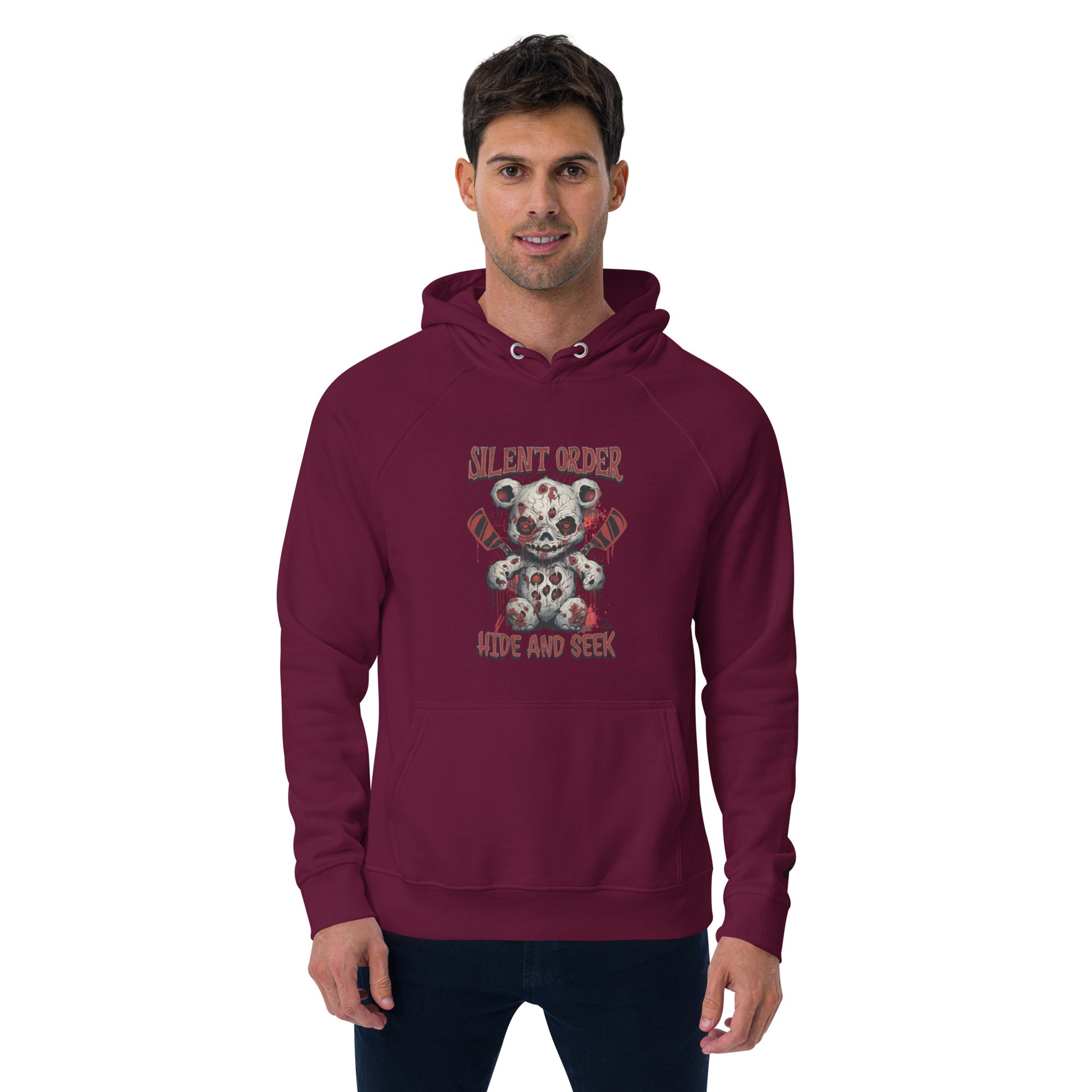 Man wearing a maroon hoodie with a graphic design on a white background